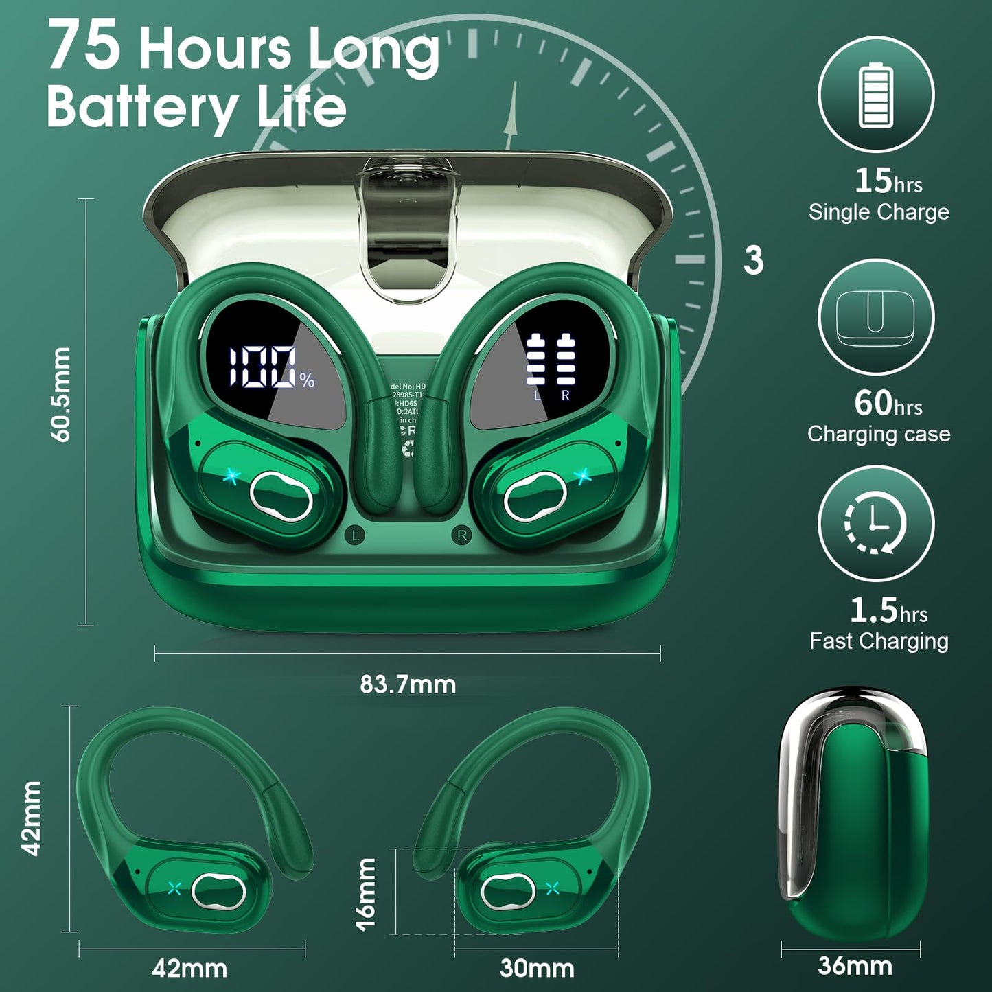 Wireless Earbuds 75hrs Bluetooth 5.4 Headphone Sport