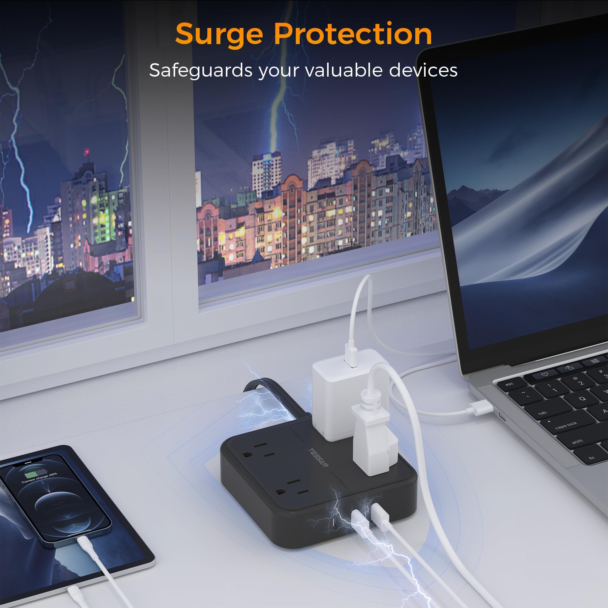 Flat Plug Extension Cord Indoor 5 Feet, Power Bars with Surge Protector - craques