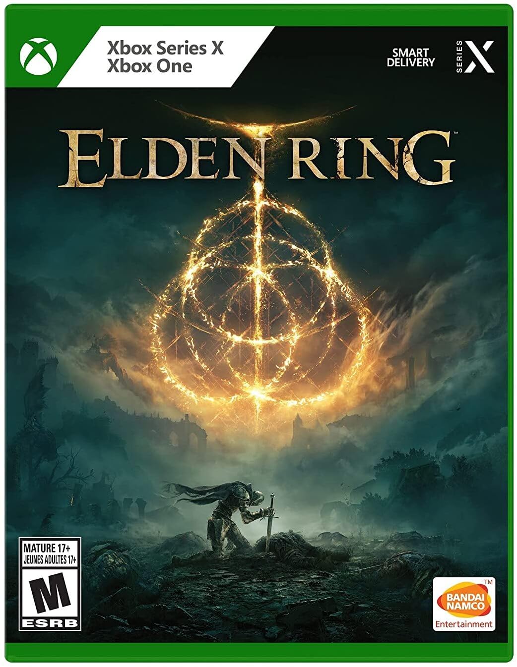 Elden Ring Xbox Series X and Xbox One game cover with glowing golden symbol over dark fantasy landscape
