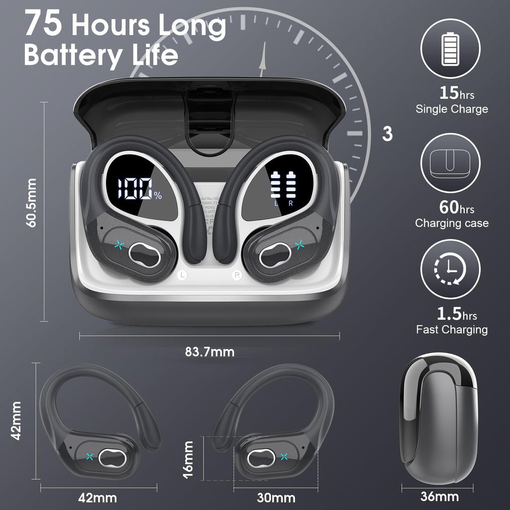 Wireless Earbuds 75hrs Bluetooth 5.4 Headphone Sport - craques