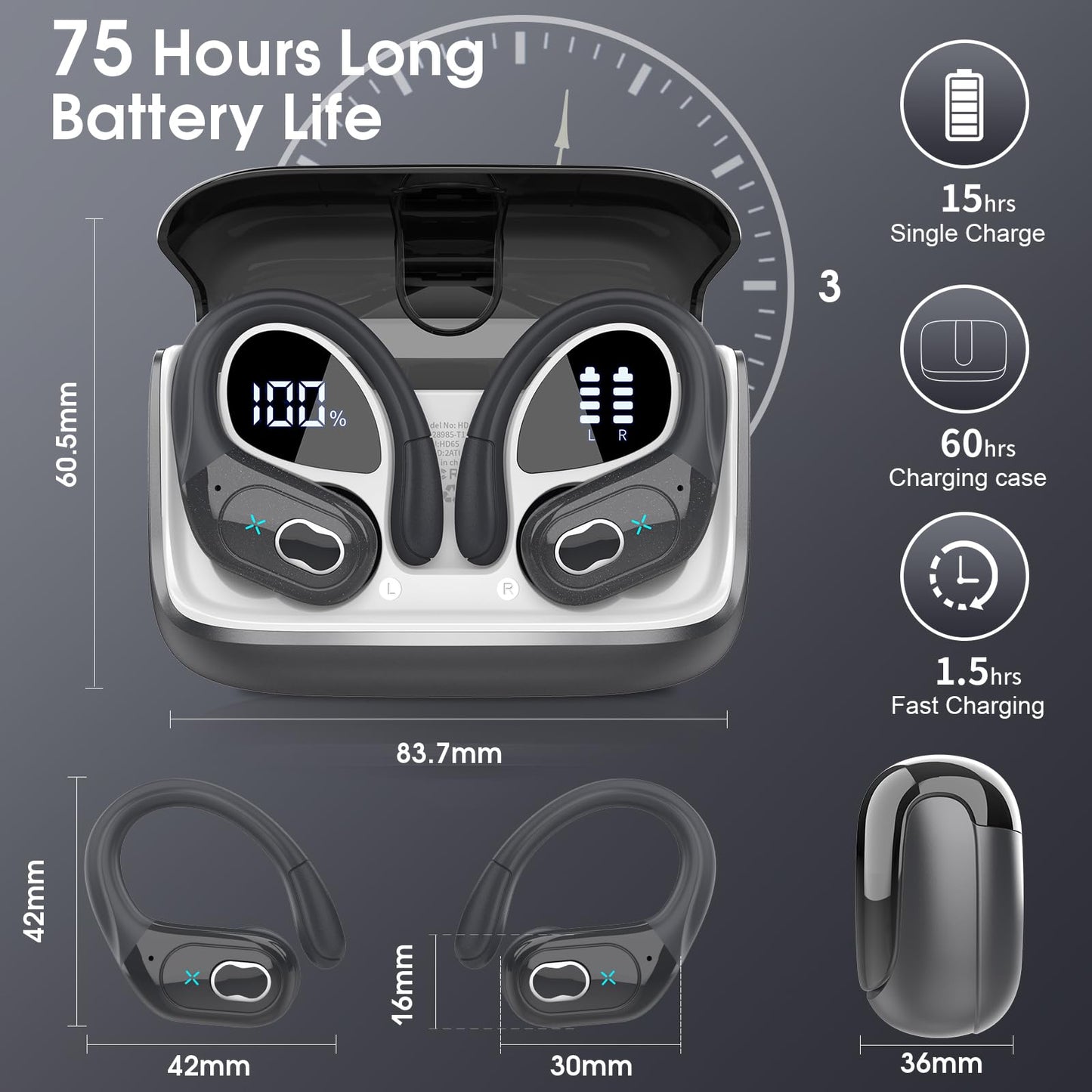 Wireless Earbuds 75hrs Bluetooth 5.4 Headphone Sport