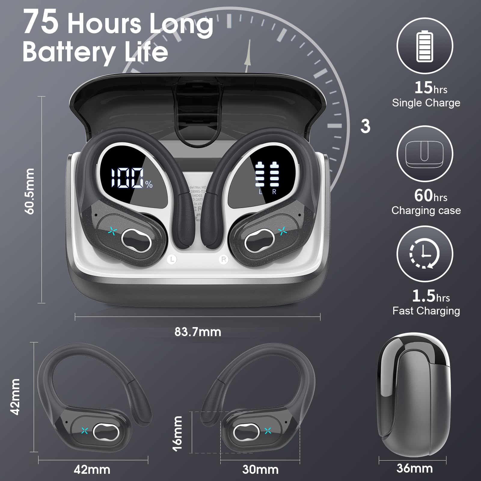 Wireless Earbuds 75hrs Bluetooth 5.4 Headphone Sport - craques