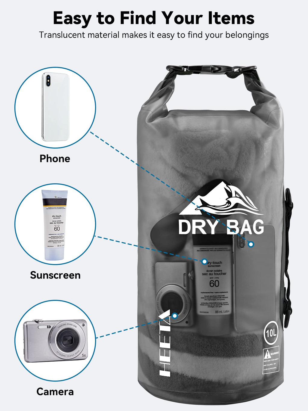HEETA Dry Bag Waterproof for Women Men, 5L/10L/20L/30L/40L Roll Top Lightweight Dry Storage Bag Backpack with Phone Case for Travel Swimming Boating Kayaking Paddle Board Camping Beach Accessories craques
