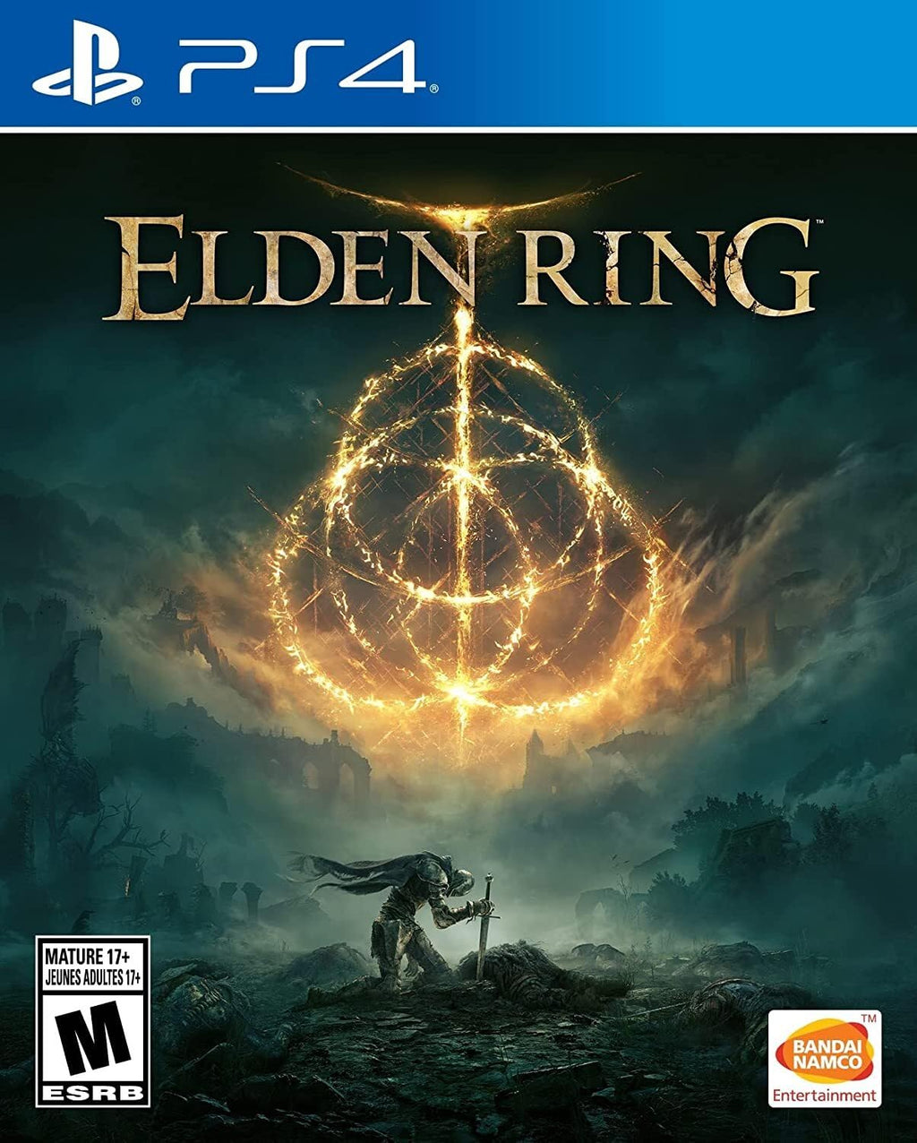 Elden Ring PS5 video game cover for PS4 featuring dark fantasy artwork with a knight kneeling and glowing sigil