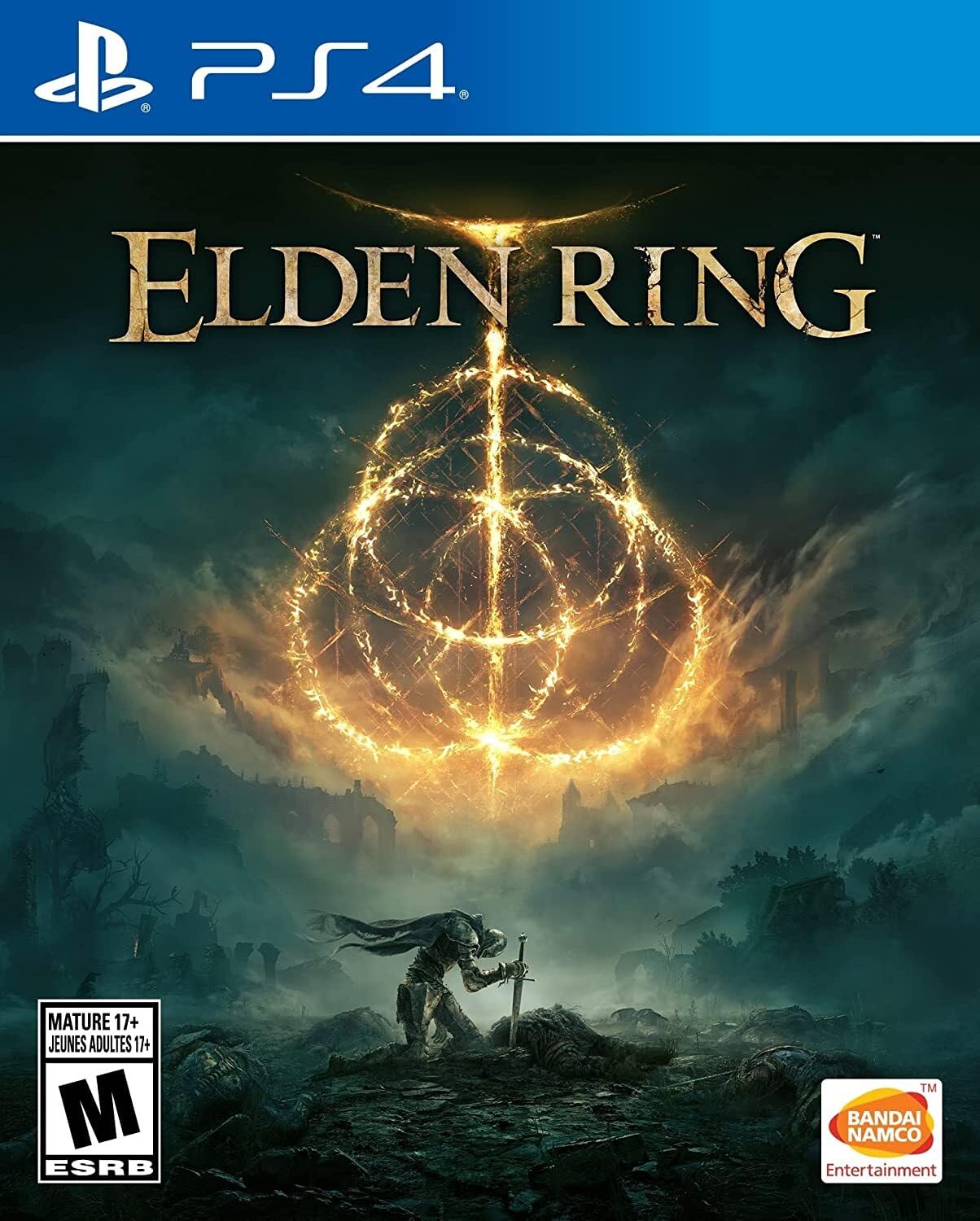 Elden Ring PS5 video game cover for PS4 featuring dark fantasy artwork with a knight kneeling and glowing sigil
