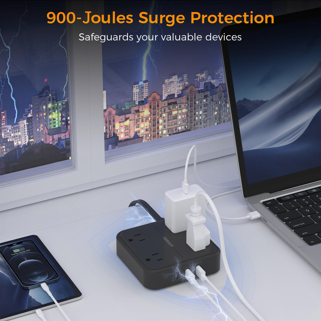 Flat Plug Extension Cord Indoor 5 Feet, Power Bars with Surge Protector - craques