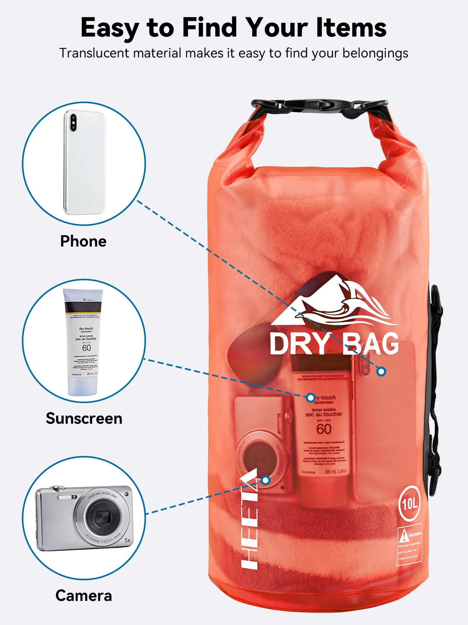 HEETA Dry Bag Waterproof for Women Men, 5L/10L/20L/30L/40L Roll Top Lightweight Dry Storage Bag Backpack with Phone Case for Travel Swimming Boating Kayaking Paddle Board Camping Beach Accessories craques
