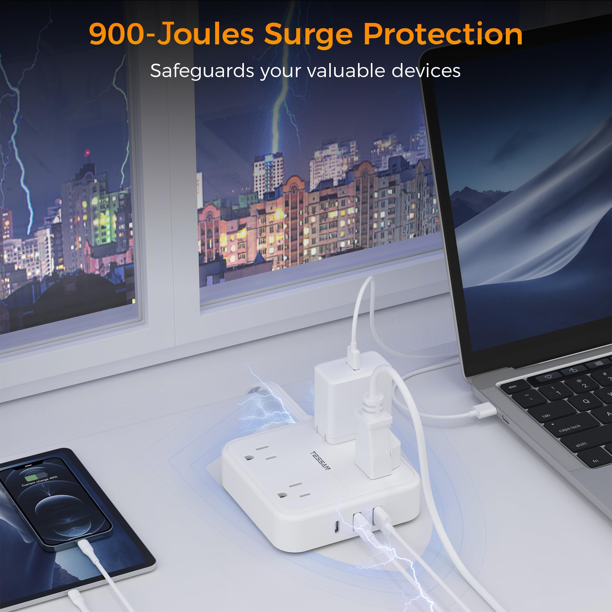 Flat Plug Extension Cord Indoor 5 Feet, Power Bars with Surge Protector - craques