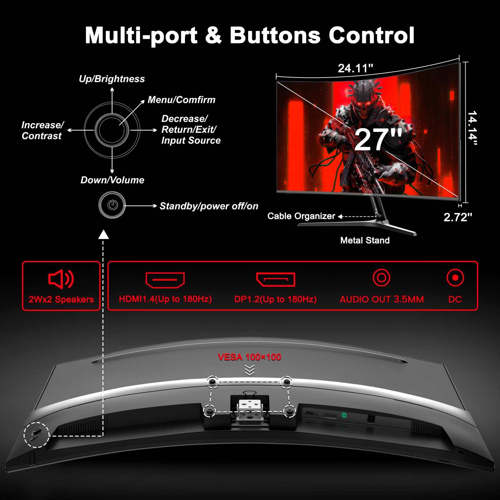Rear view of Craques 27 inch curved gaming monitor showing ports, buttons, and VESA mount