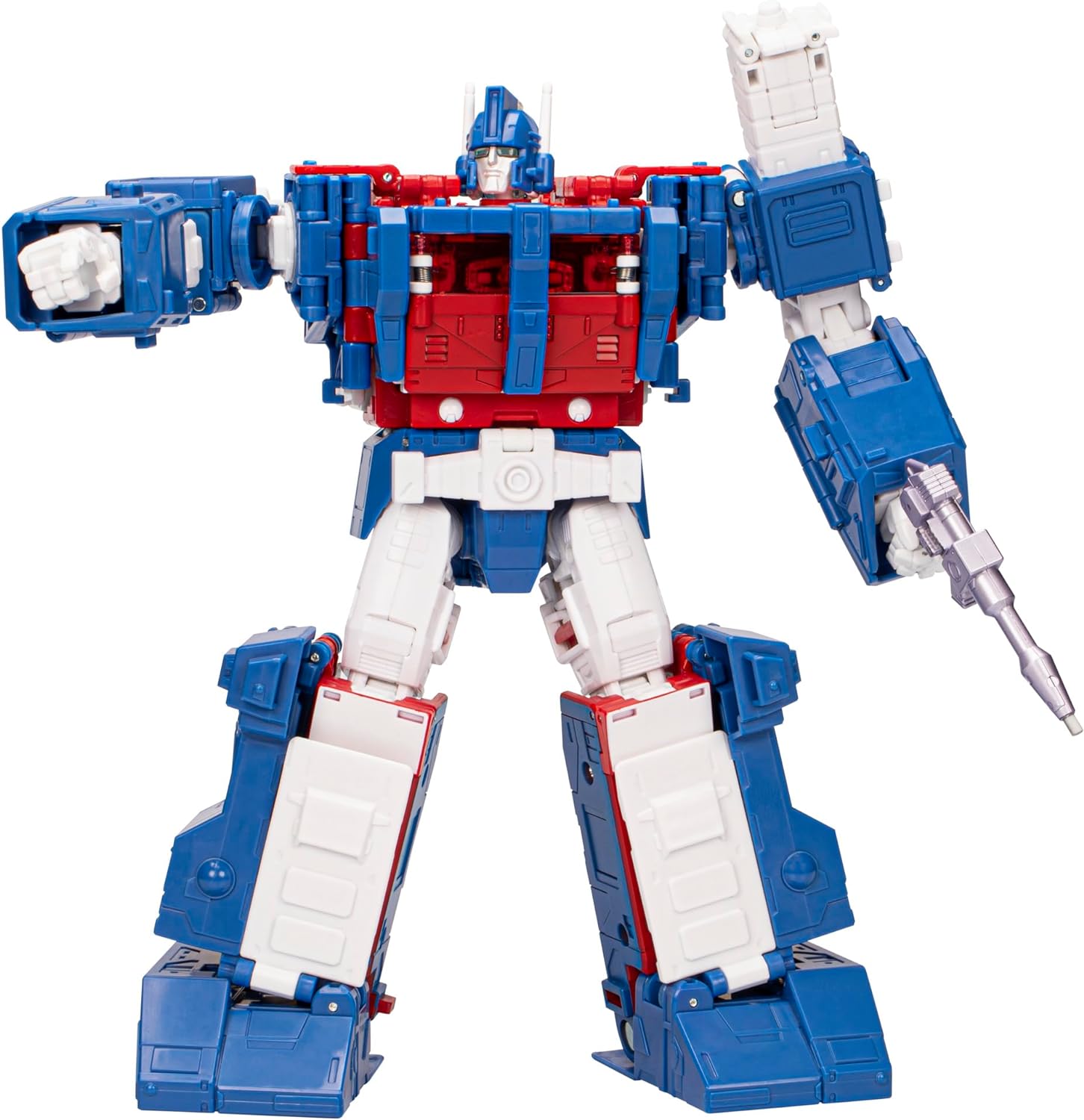 Transformers Ultra Magnus action figure in blue white and red posed with weapon accessory