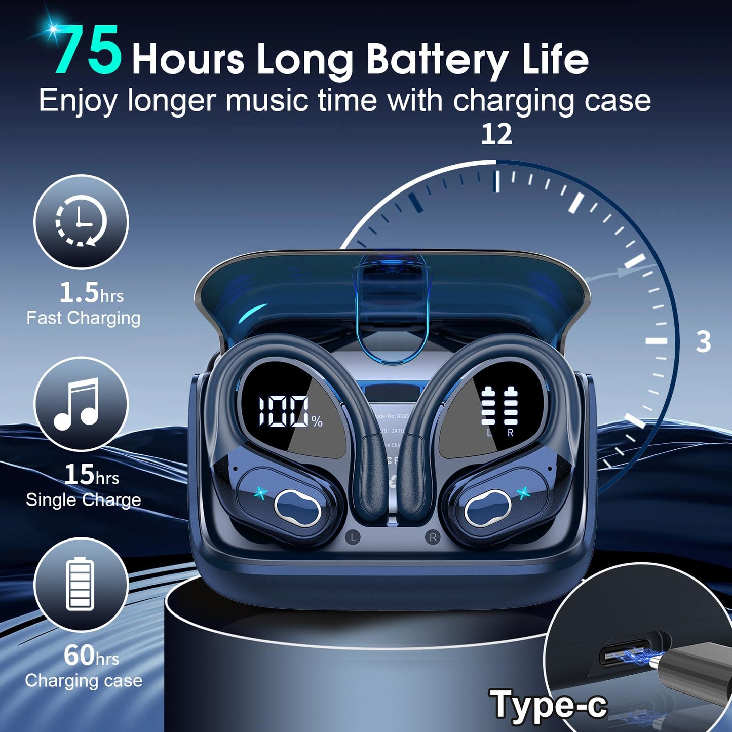 Wireless Earbuds 75hrs Bluetooth 5.4 Headphone Sport