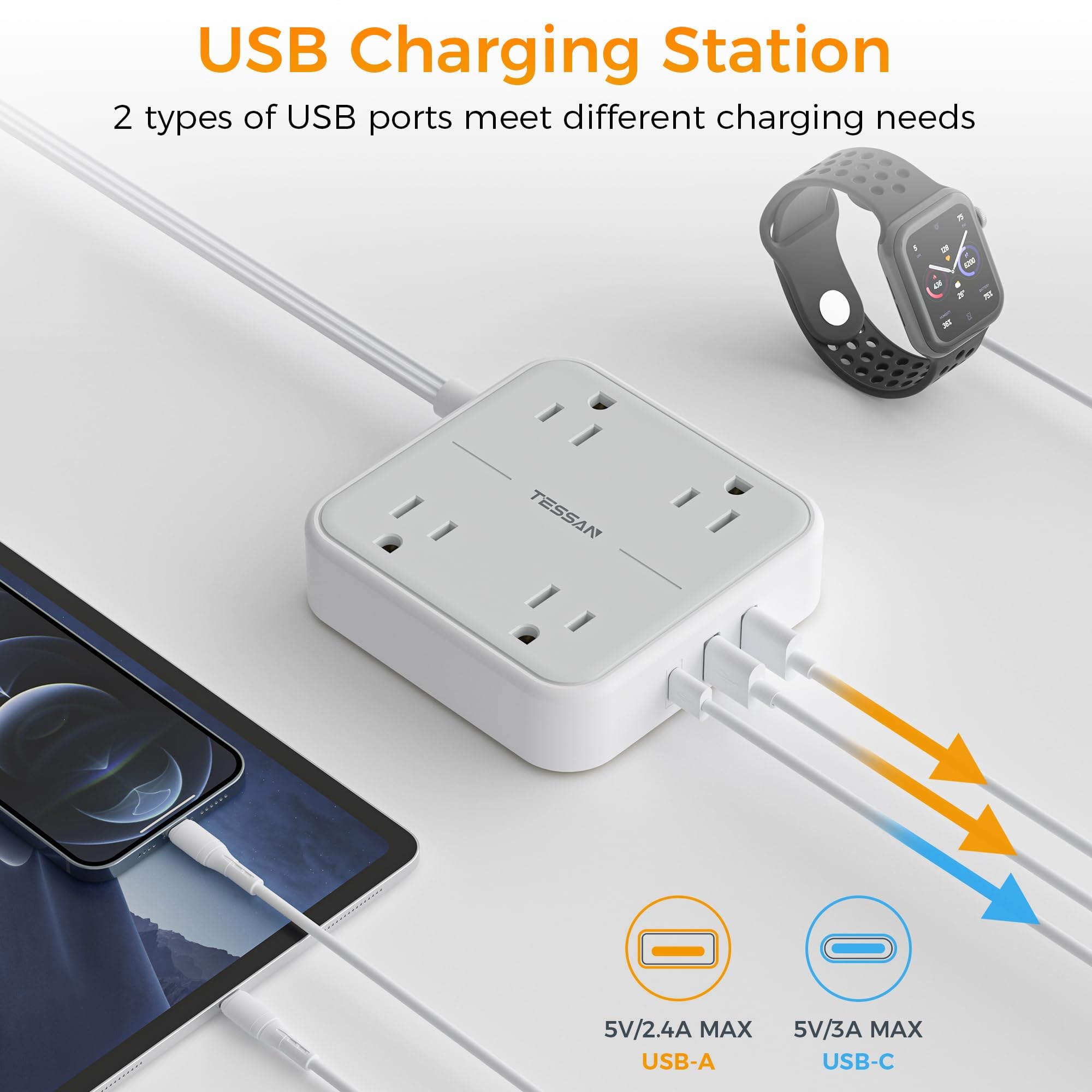 Flat Plug Extension Cord Indoor 5 Feet, Power Bars with Surge Protector - craques