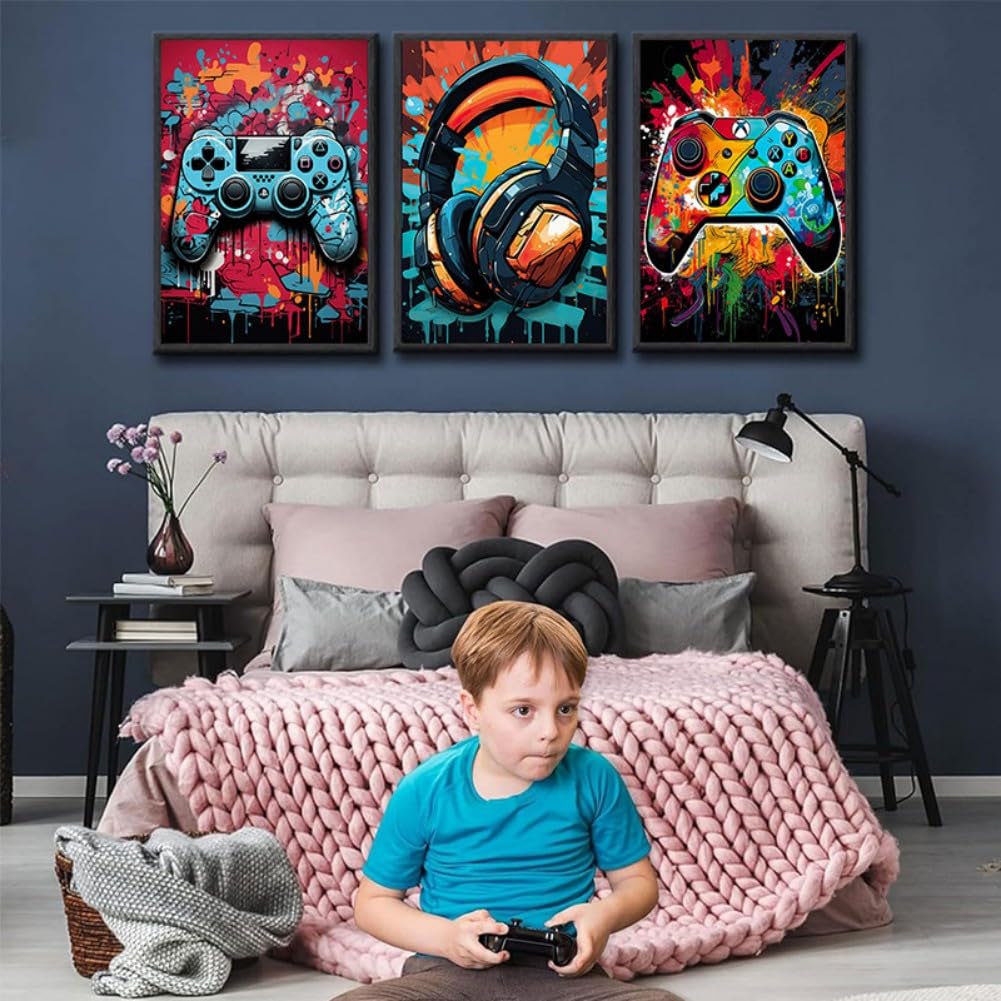 3 Pcs 16" x12'' Framed Gaming Room Decor Canvas Wall Art Video Game Art Prints Framed - craques