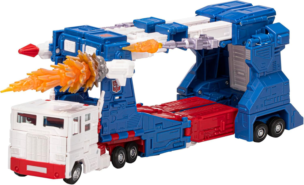 Transformers Ultra Magnus action figure in blue and white truck mode with missile launcher firing effects