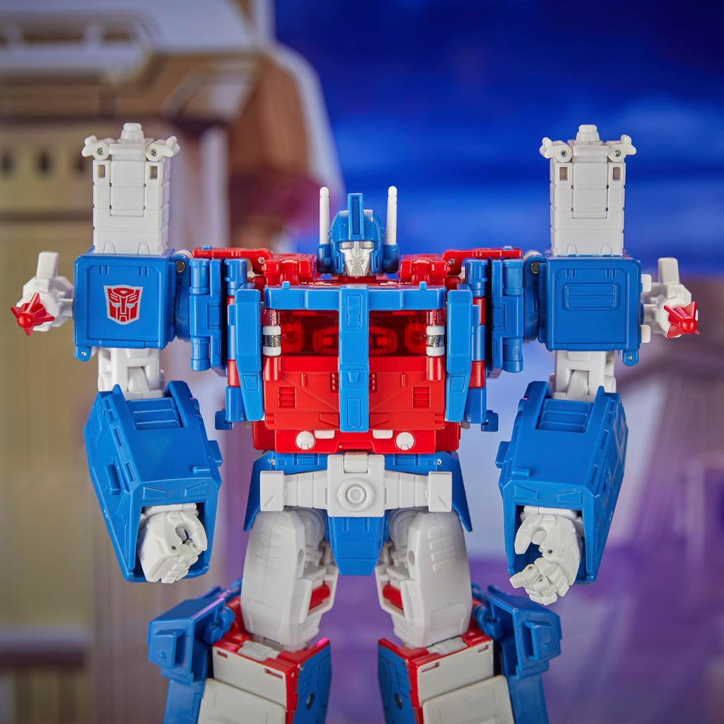 Transformers Ultra Magnus action figure in blue, red, and white colors with detailed design and articulated limbs