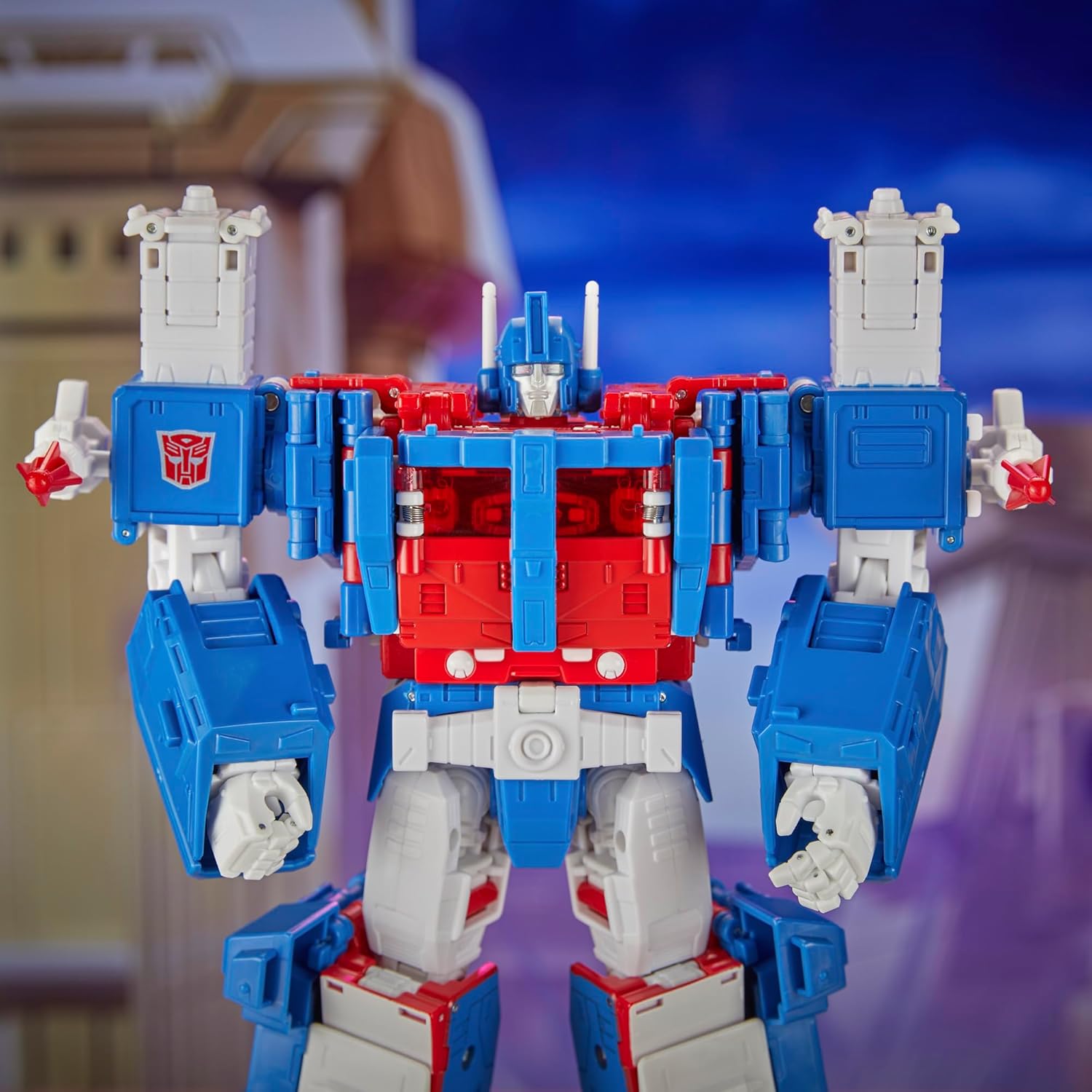 Transformers Ultra Magnus action figure in blue, red, and white colors with detailed design and articulated limbs