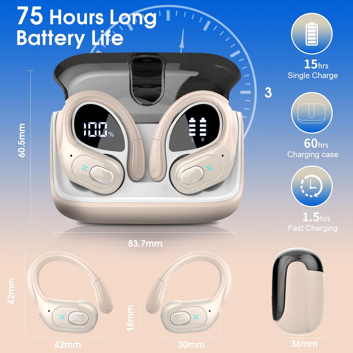 Wireless Earbuds 75hrs Bluetooth 5.4 Headphone Sport