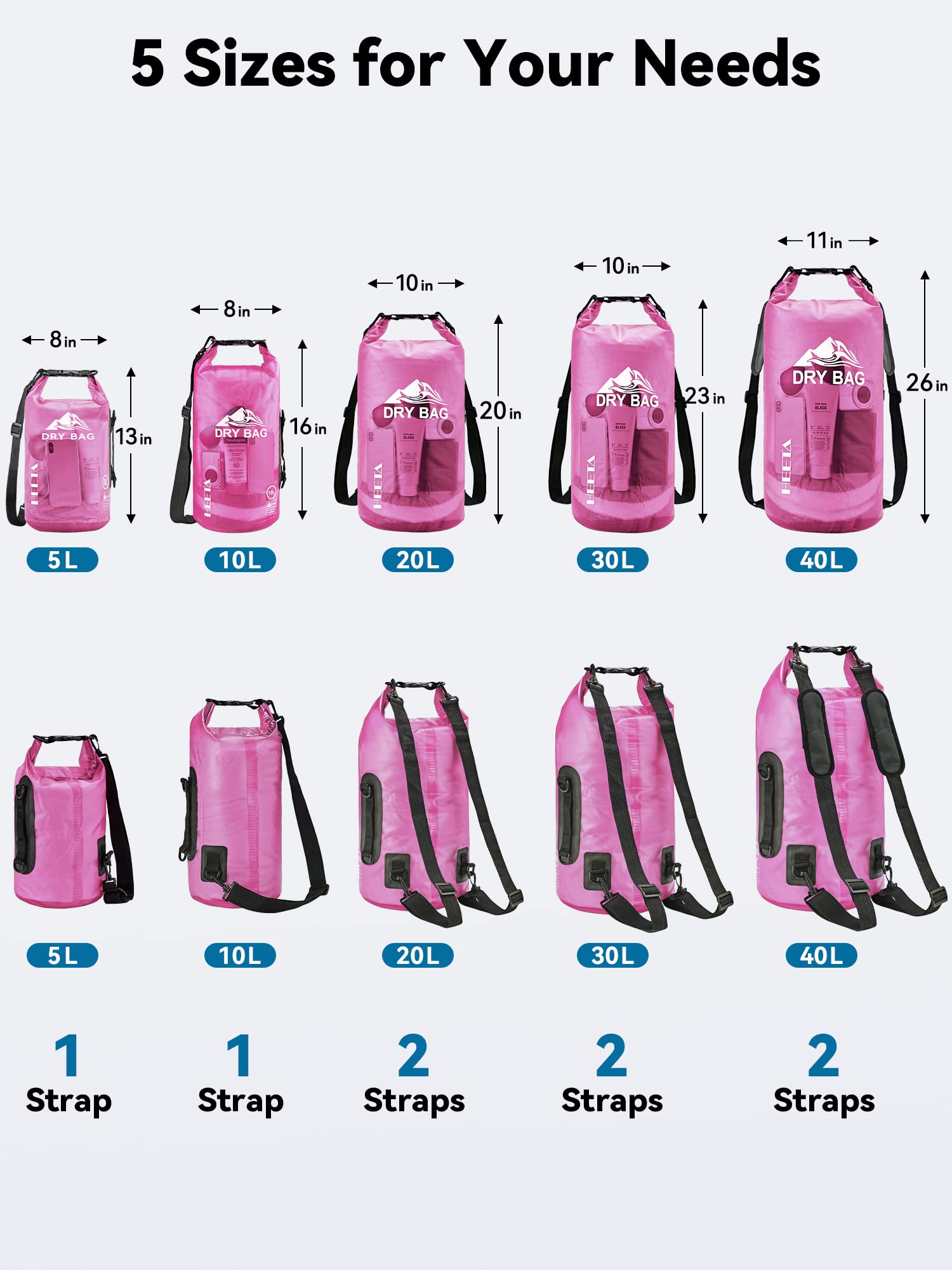 HEETA Dry Bag Waterproof for Women Men, 5L/10L/20L/30L/40L Roll Top Lightweight Dry Storage Bag Backpack with Phone Case for Travel Swimming Boating Kayaking Paddle Board Camping Beach Accessories craques