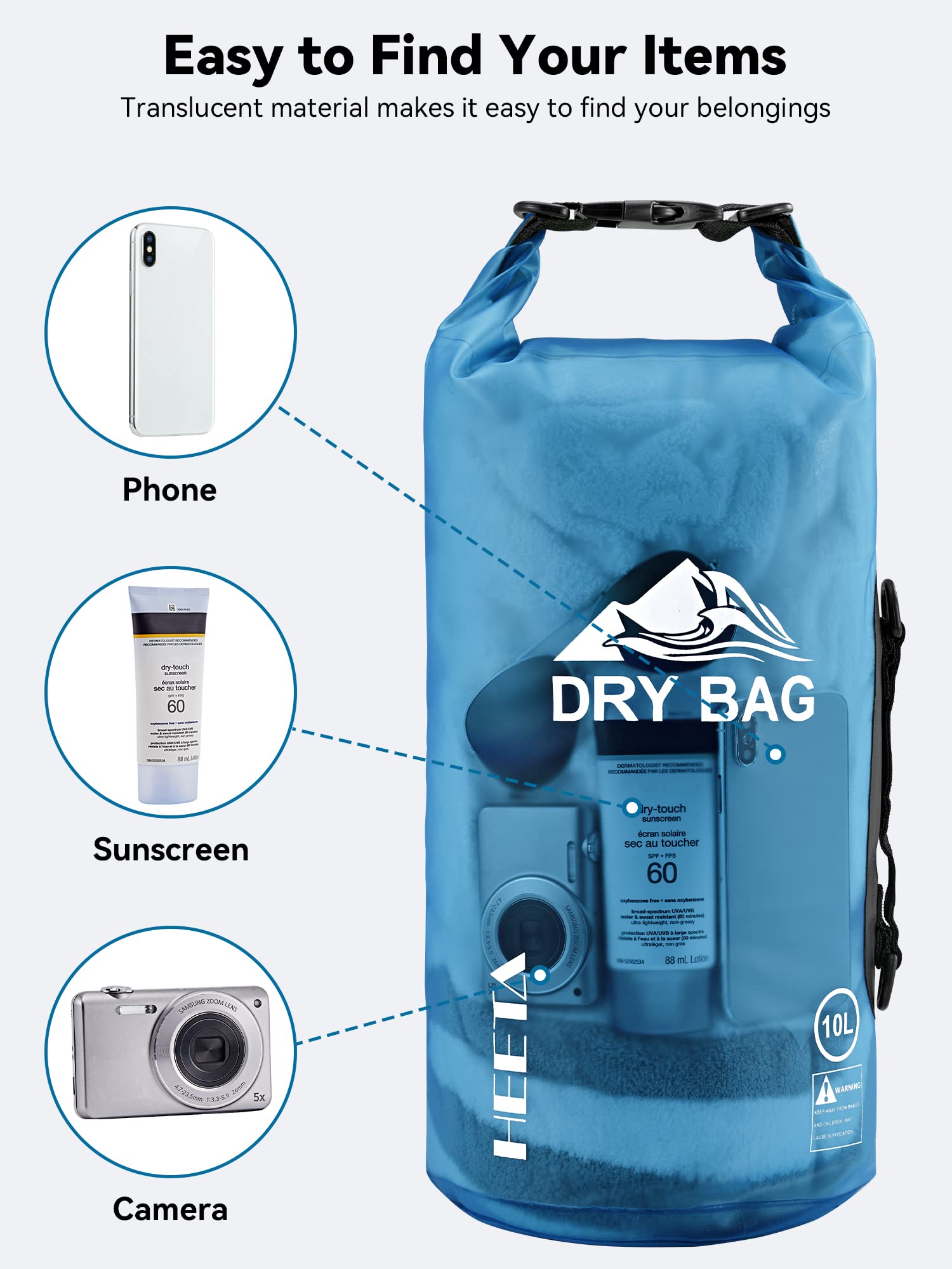 HEETA Dry Bag Waterproof for Women Men, 5L/10L/20L/30L/40L Roll Top Lightweight Dry Storage Bag Backpack with Phone Case for Travel Swimming Boating Kayaking Paddle Board Camping Beach Accessories craques