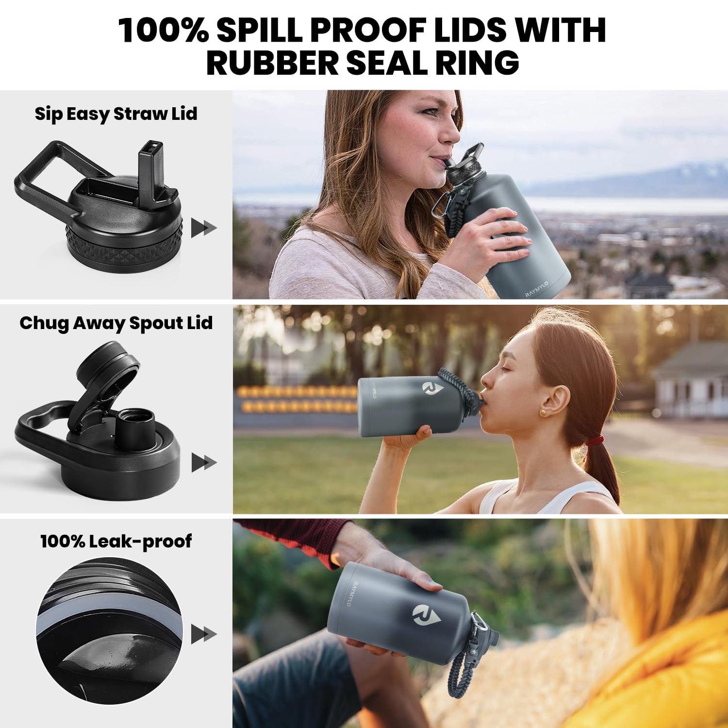 RAYMYLO One Gallon Water Bottle Insulated Triple Walled Vacuum Stainless Steel (Cold for 48 Hrs) Leak Proof & BPA-Free