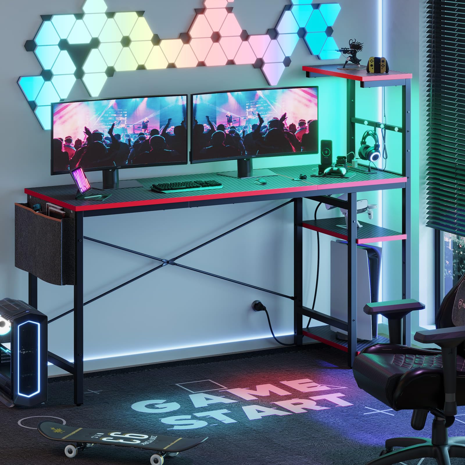Bestier 61 Inch Gaming Desk with Power Outlets, Large LED Gamer Desk - craques