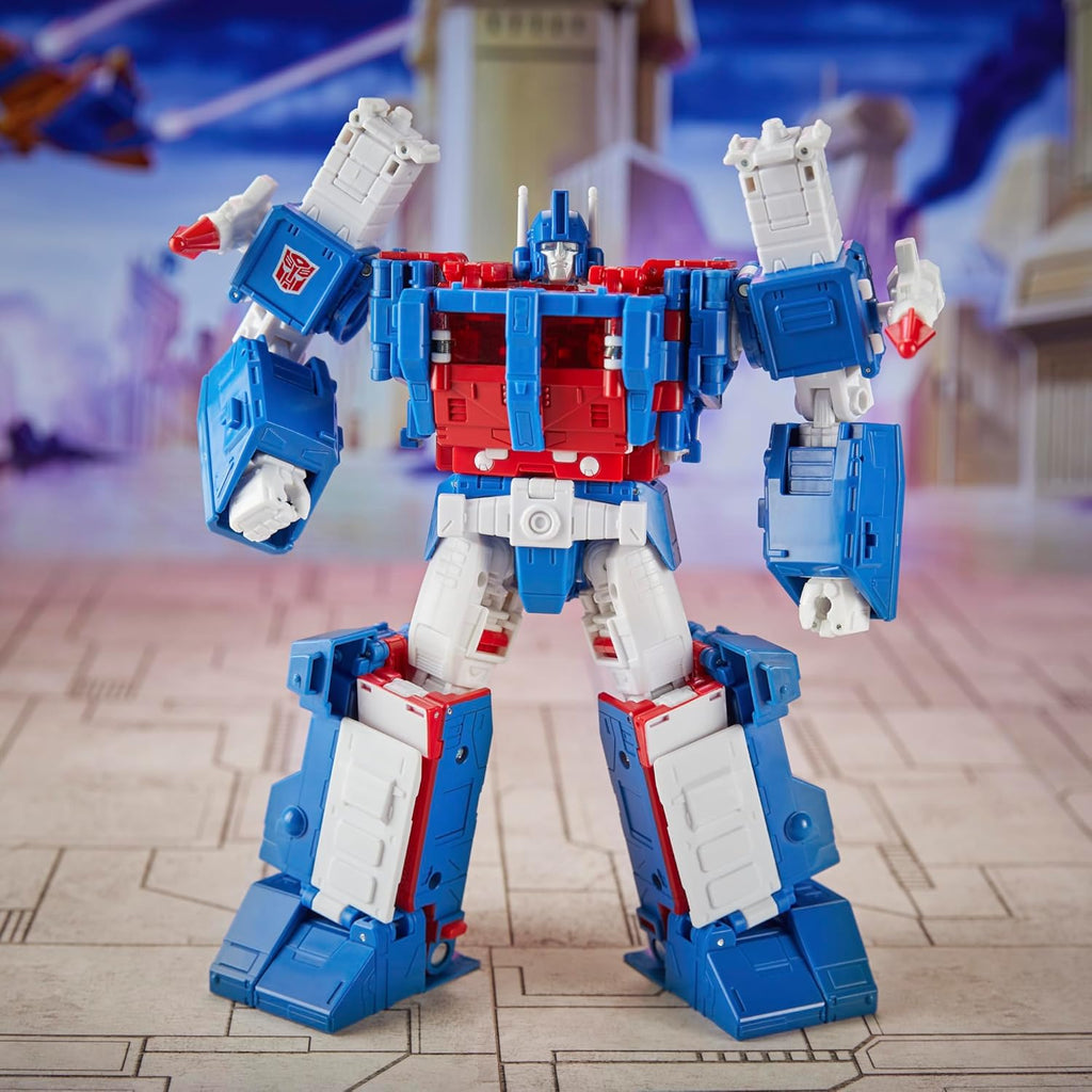 Transformers Ultra Magnus action figure in red white and blue standing on stone floor with futuristic background