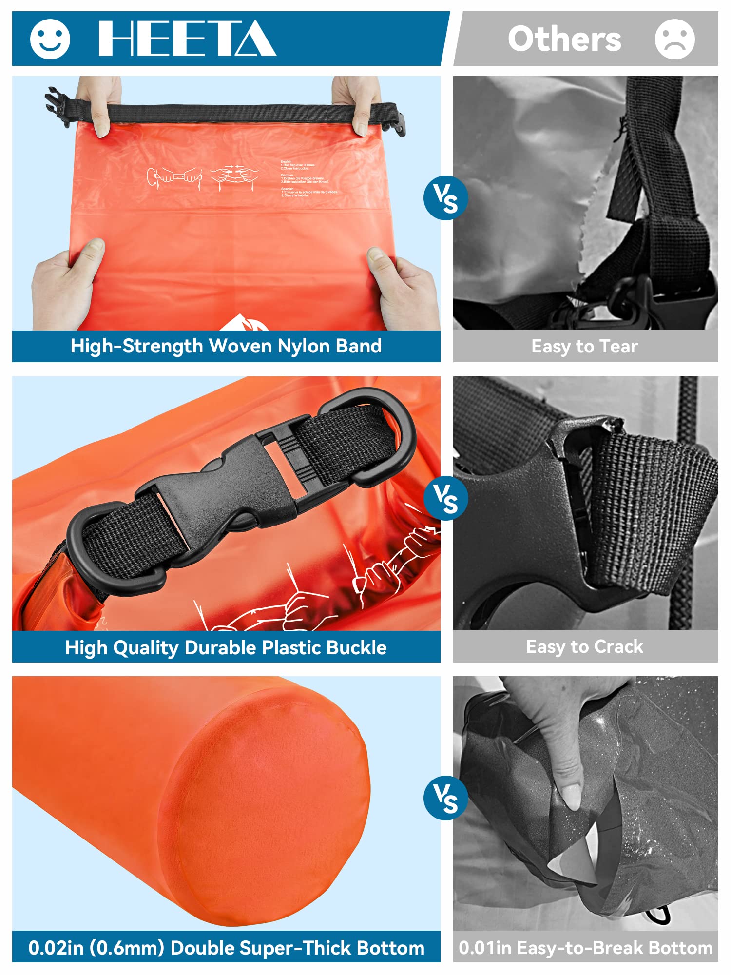 HEETA Dry Bag Waterproof for Women Men, 5L/10L/20L/30L/40L Roll Top Lightweight Dry Storage Bag Backpack with Phone Case for Travel Swimming Boating Kayaking Paddle Board Camping Beach Accessories craques