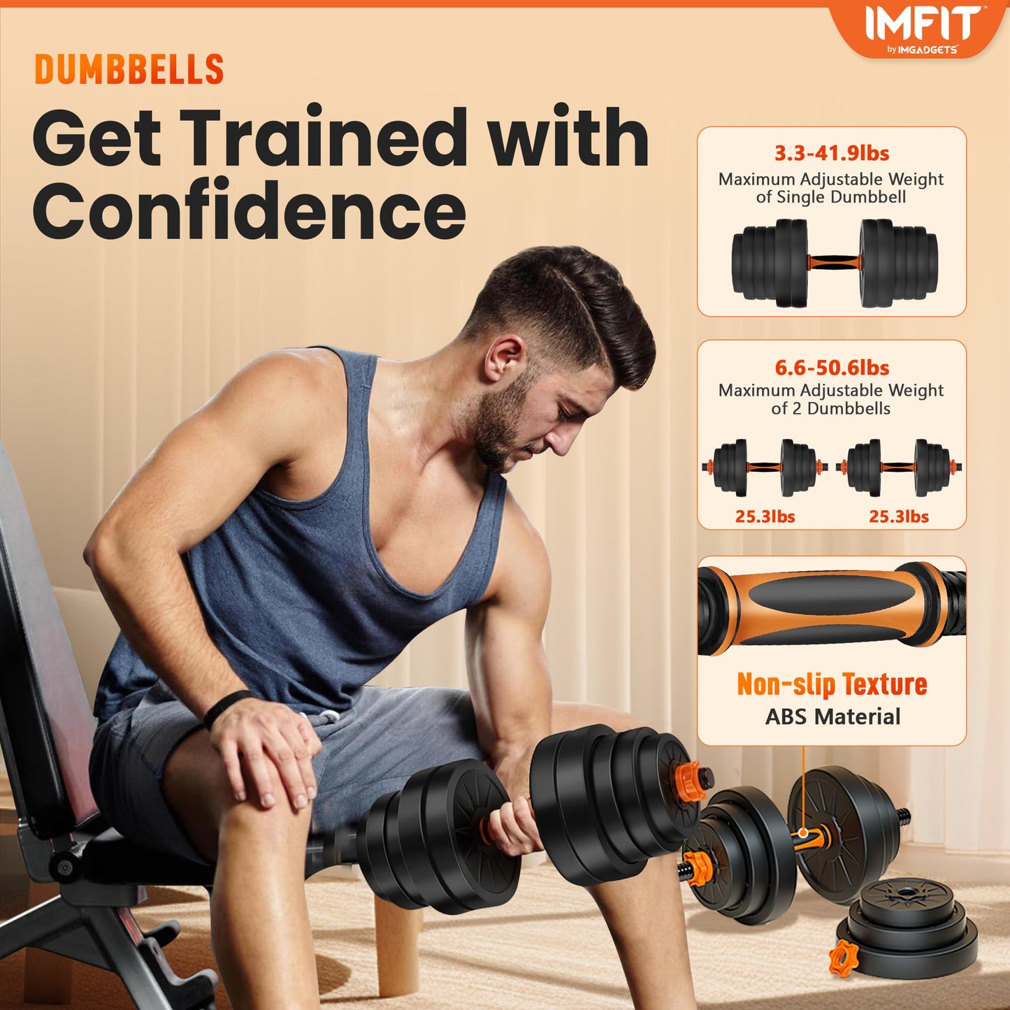 IMFit 5lb-52.5lb Adjustable Dumbbells Single/Pair (Set of 2) with Free Hand Grip
