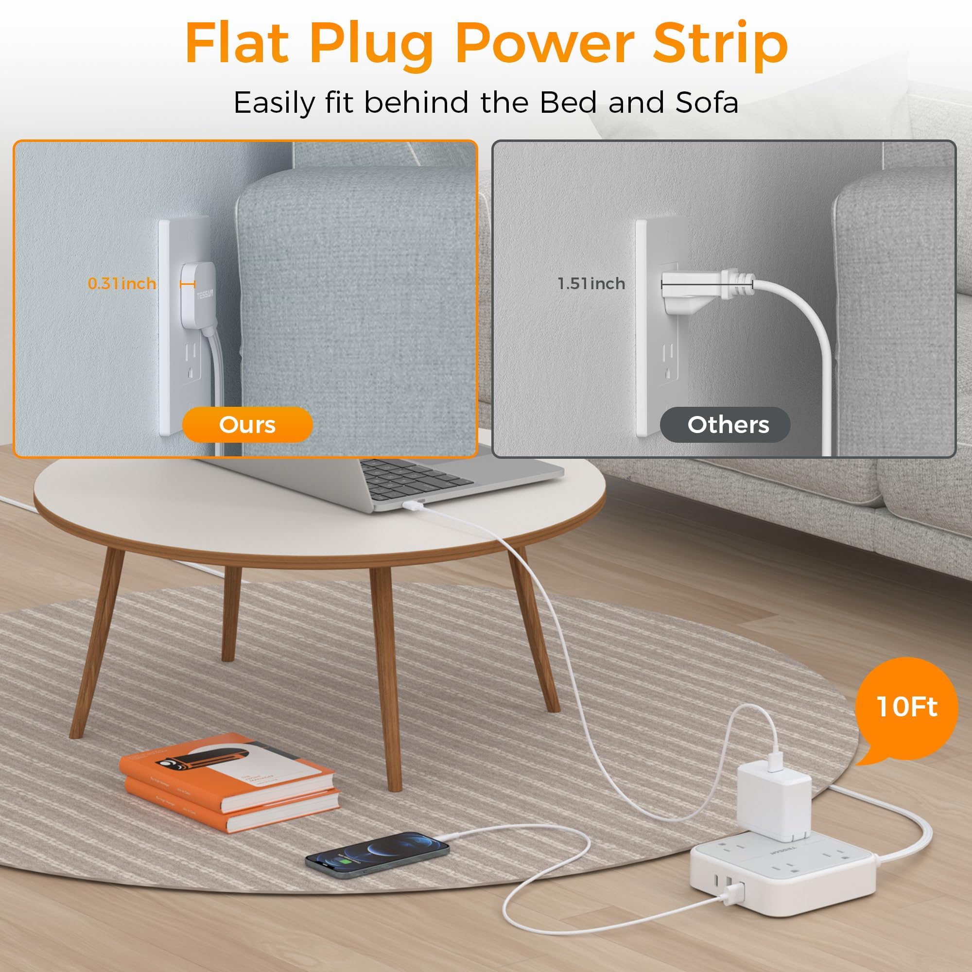 Flat Plug Extension Cord Indoor 5 Feet, Power Bars with Surge Protector - craques