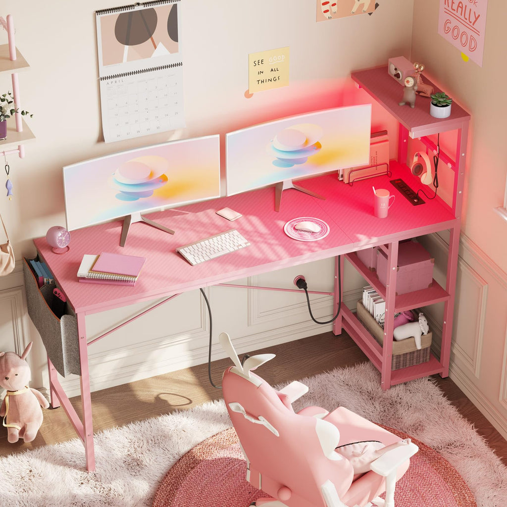 Bestier 61 Inch Gaming Desk with Power Outlets, Large LED Gamer Desk - craques