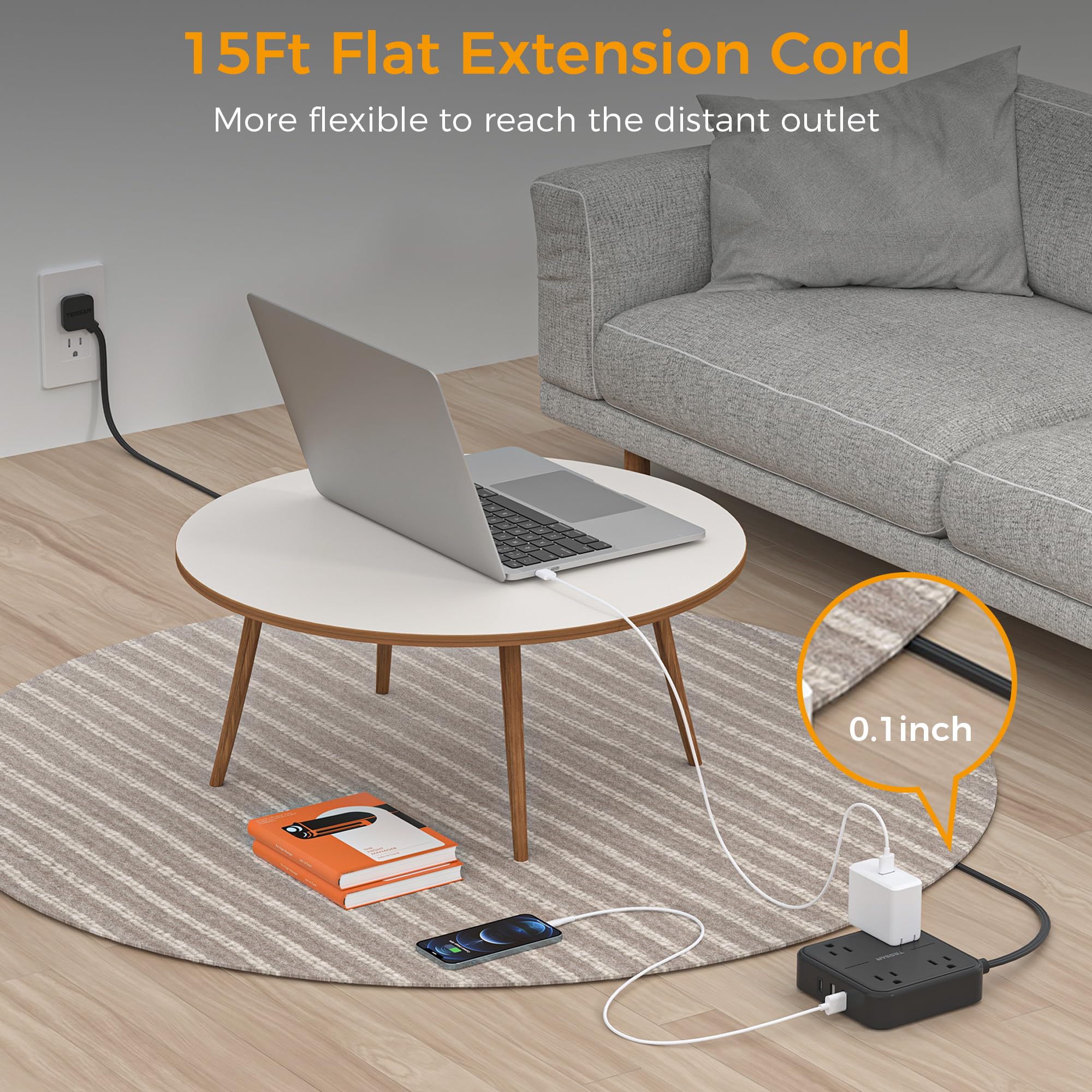 Flat Plug Extension Cord Indoor 5 Feet, Power Bars with Surge Protector - craques