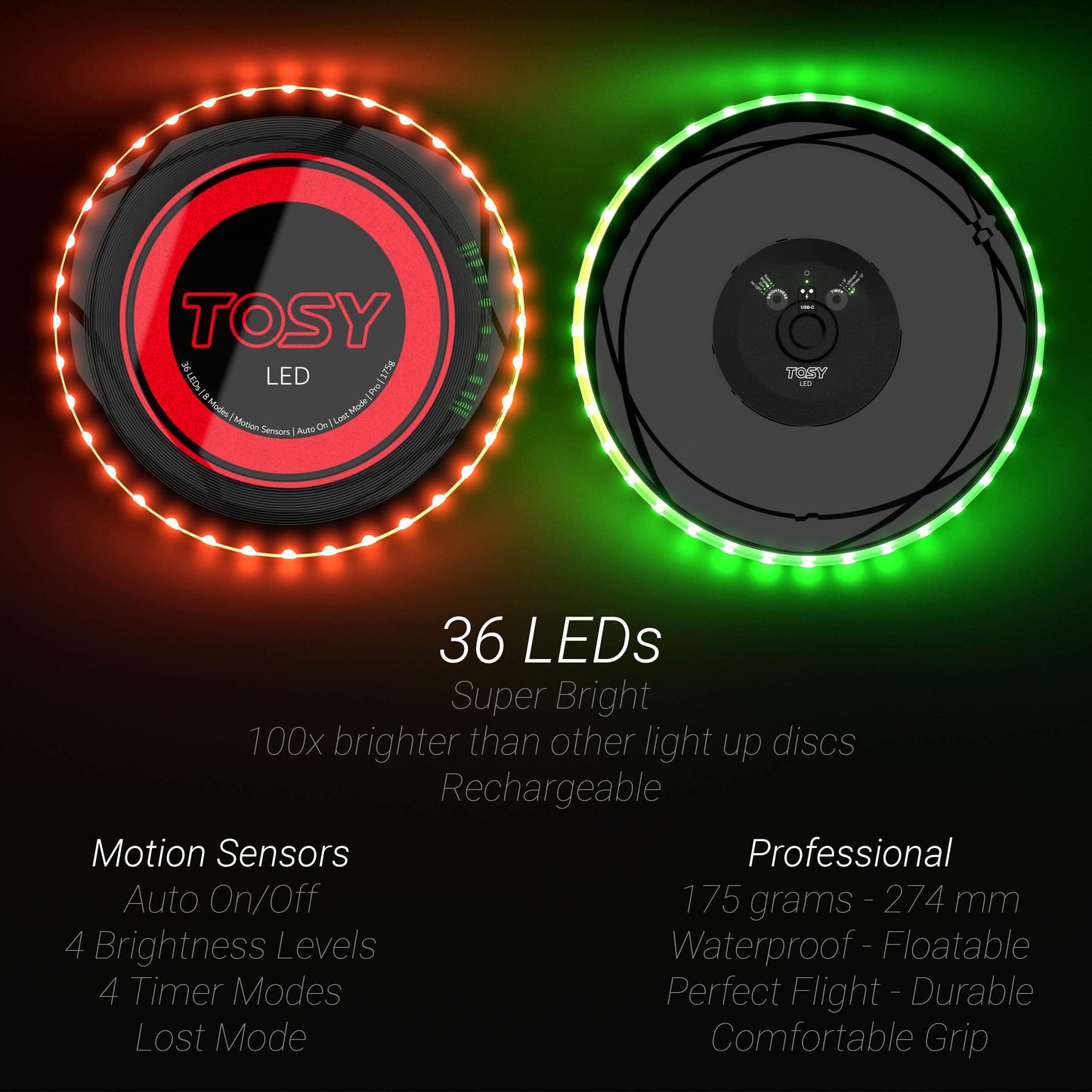 TOSY Flying Disc - 16 Million Color RGB or 36 LEDs, Extremely Bright, Smart Modes