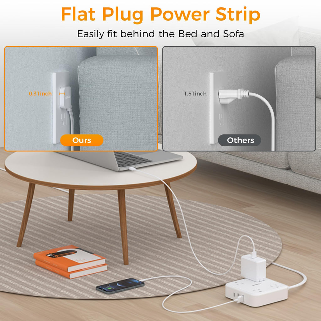 Flat Plug Extension Cord Indoor 5 Feet, Power Bars with Surge Protector - craques