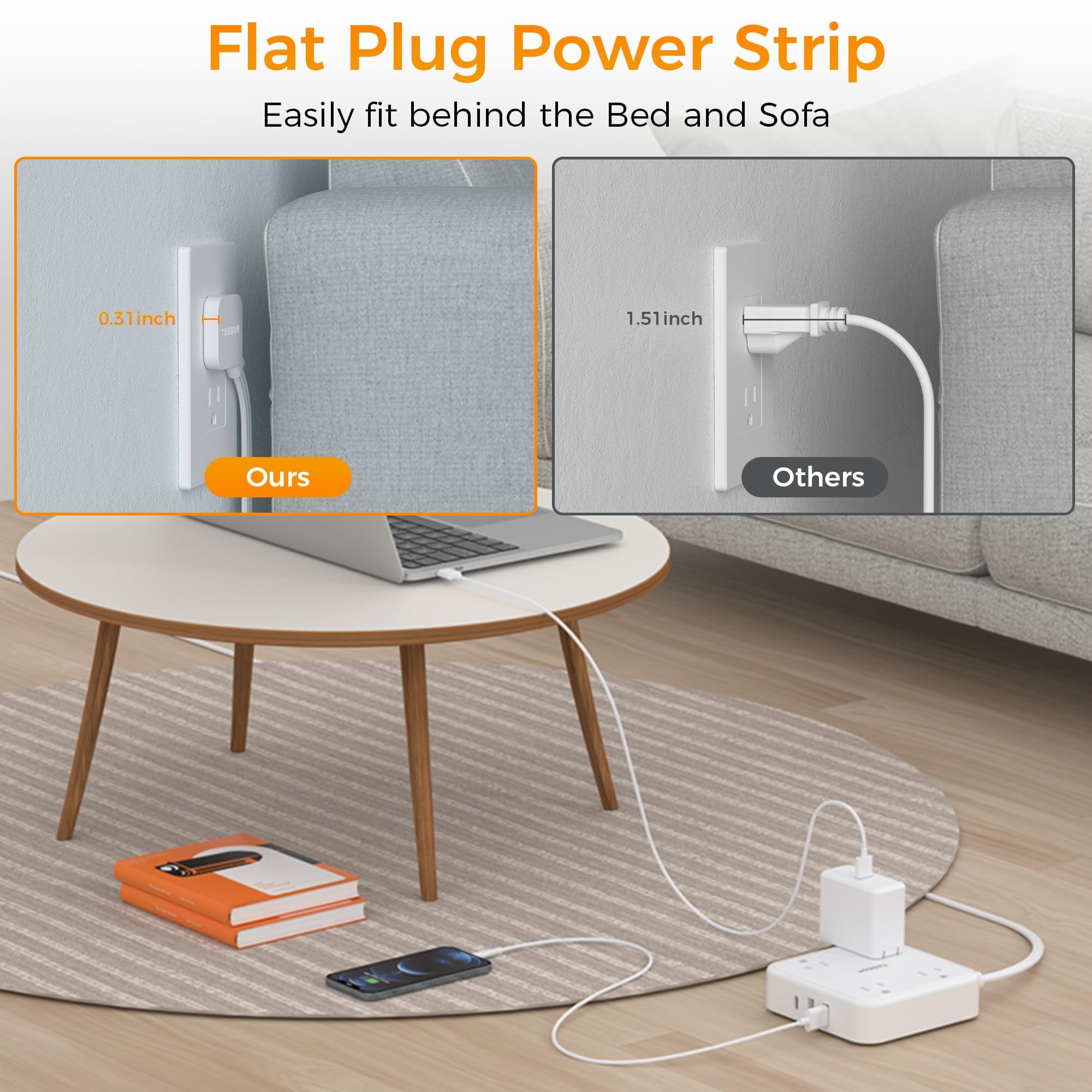 Flat Plug Extension Cord Indoor 5 Feet, Power Bars with Surge Protector - craques