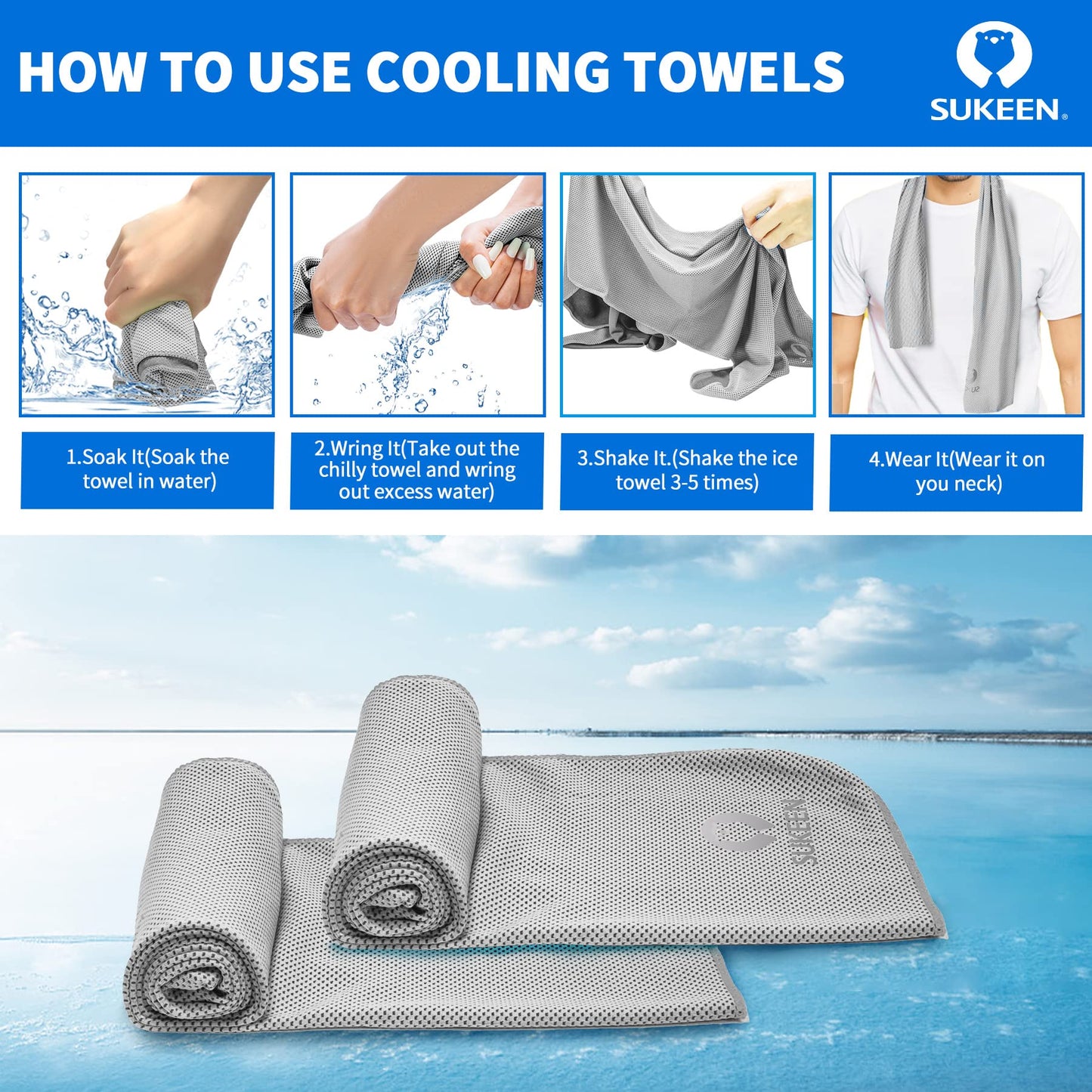 Sukeen [4 Pack] Cooling Towel (40"x12"), Ice Towel, Soft Breathable Chilly Towel