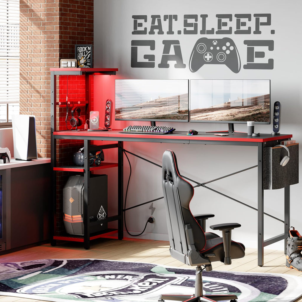 Bestier 61 Inch Gaming Desk with Power Outlets, Large LED Gamer Desk - craques