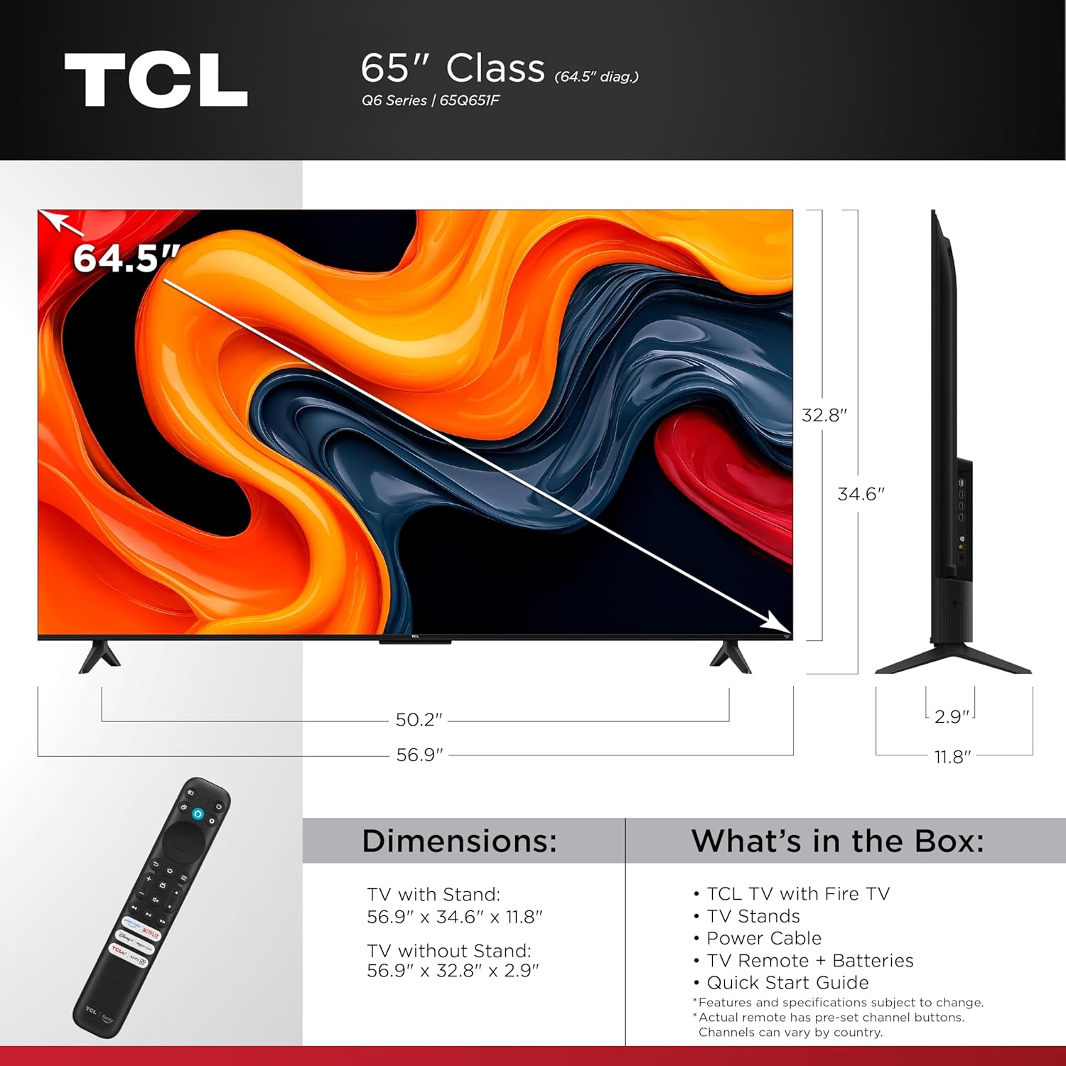 TCL 65-Inch Q6 QLED 4K UHD Smart TV with Fire TV (65Q651F, 2025 Model) Dolby Vision, HDR PRO+, Dolby Atmos, Alexa Built-in with Voice Remote, Apple AirPlay 2 Compatibility, Streaming Television