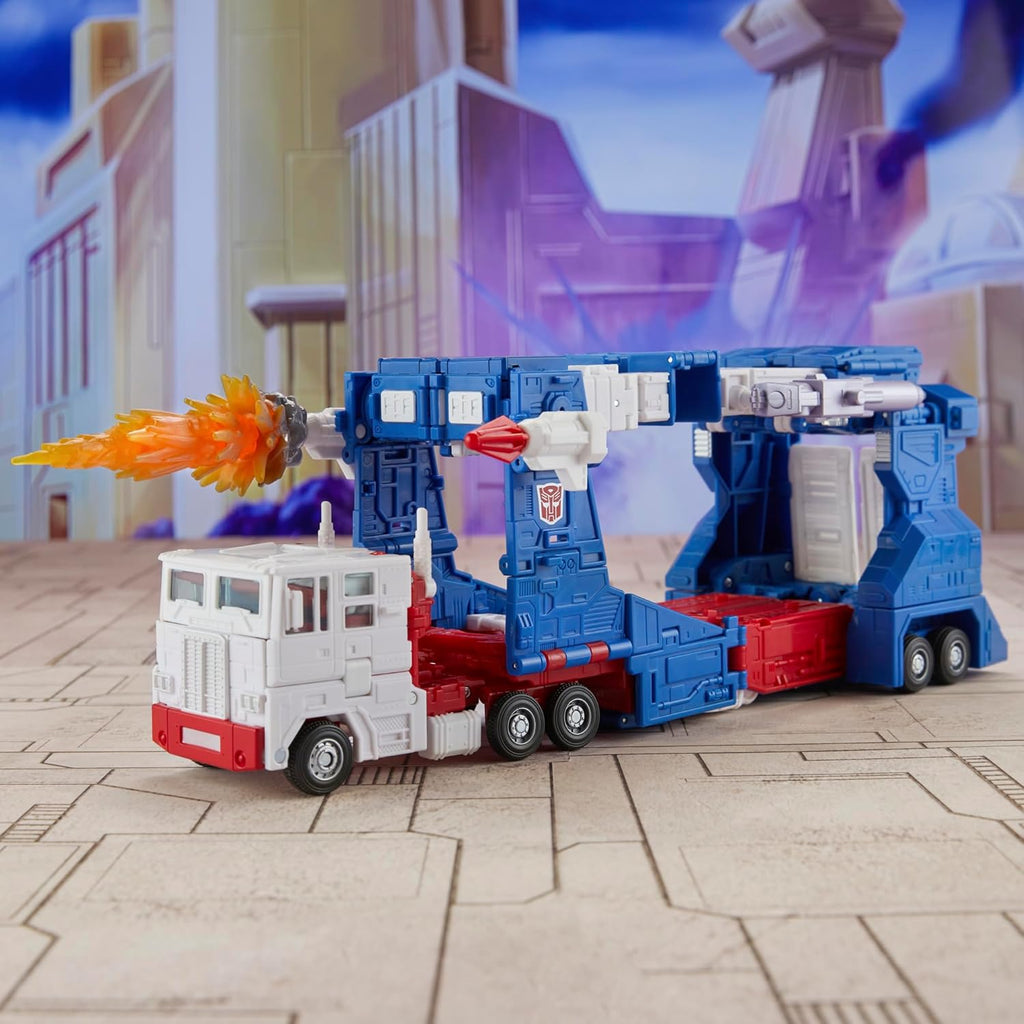 Transformers Ultra Magnus action figure in vehicle mode with rocket launchers firing orange and red flames