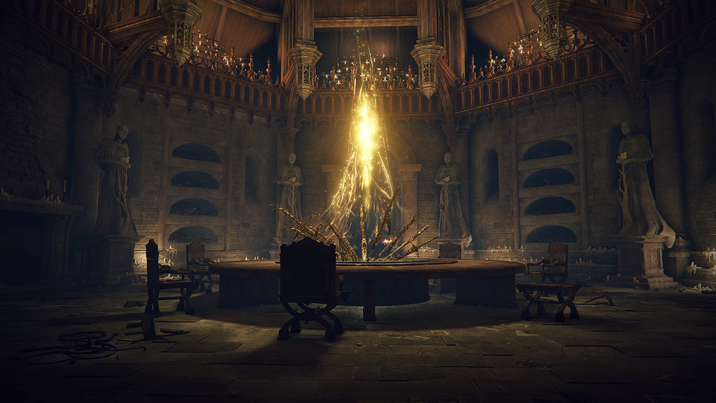 Elden Ring PS5 game scene showing a glowing golden sword in a dark medieval hall with statues and chandeliers