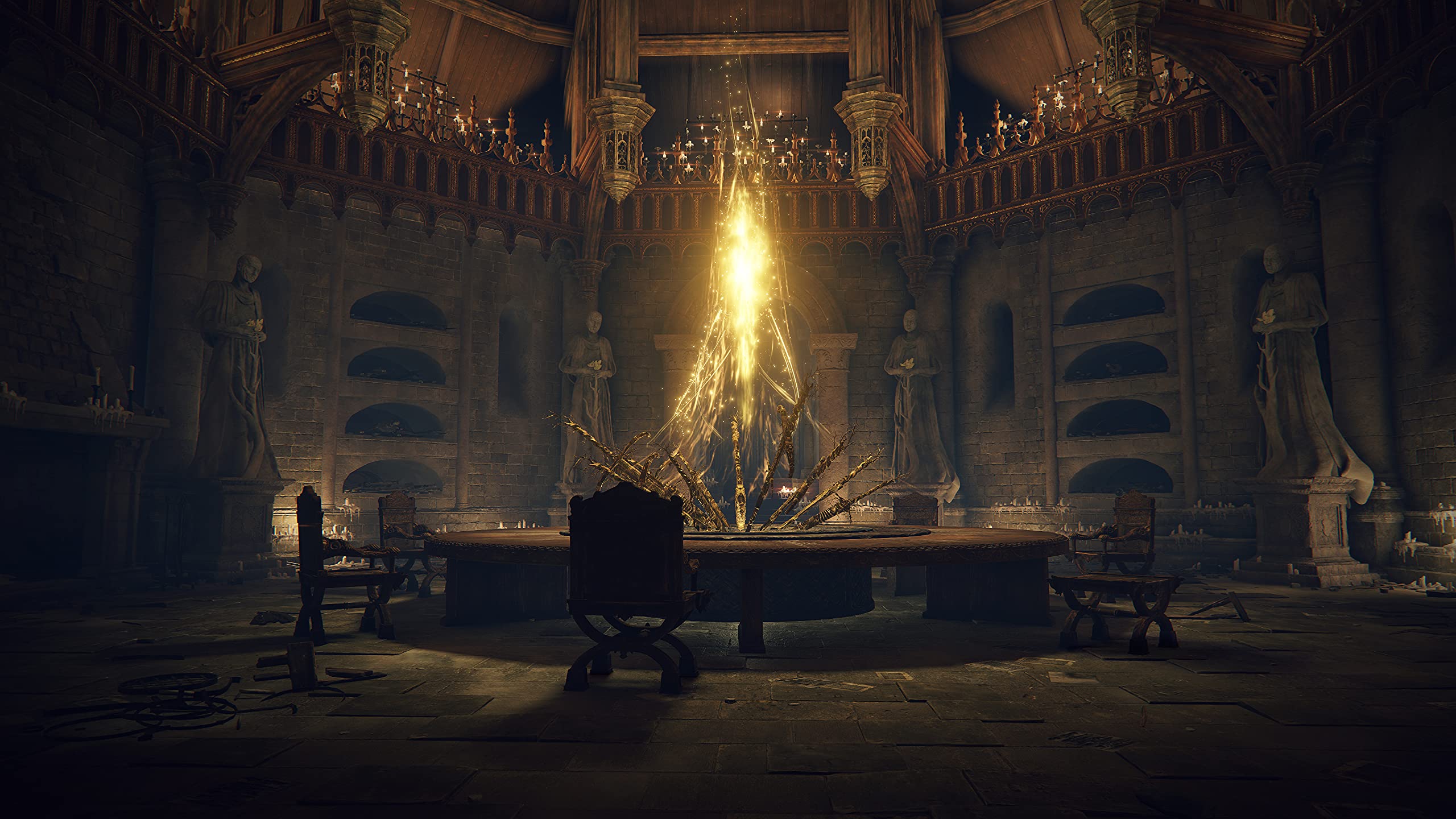 Elden Ring PS5 game scene showing a glowing golden sword in a dark medieval hall with statues and chandeliers