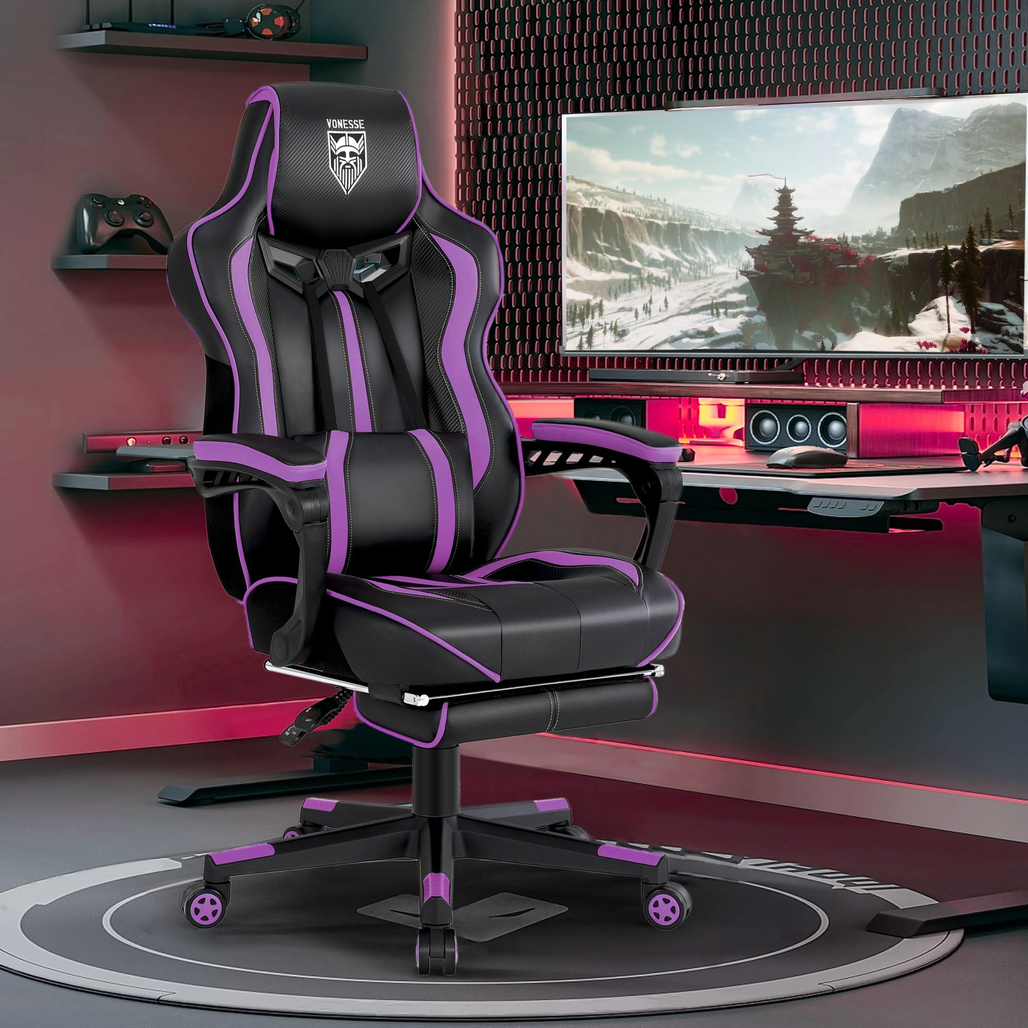 Vonesse Gaming Chair with Footrest by Craques - White & Pink