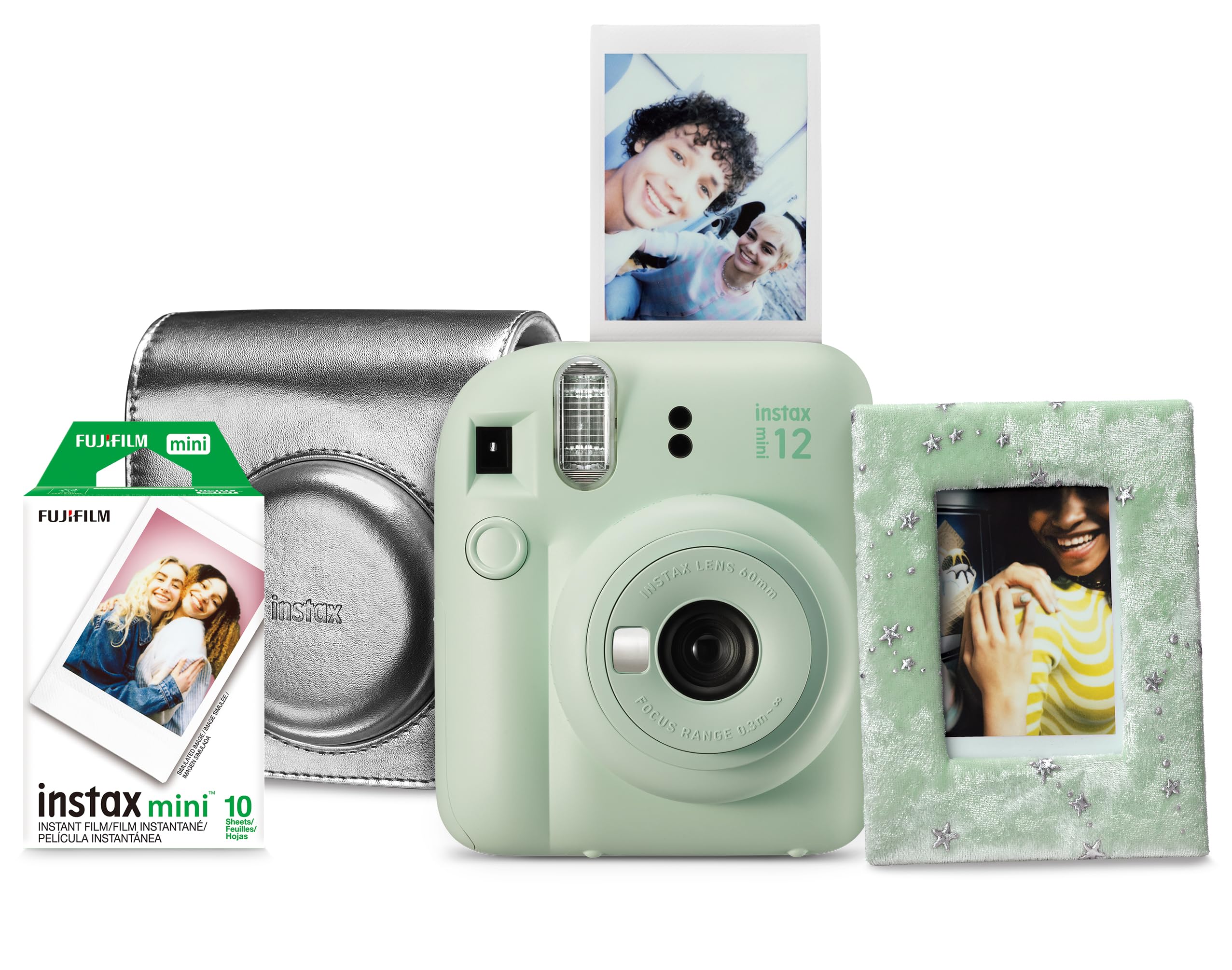 Fujifilm Instax Mini 12 instant camera in pastel green with photo film pack, silver case, and decorative photo frame