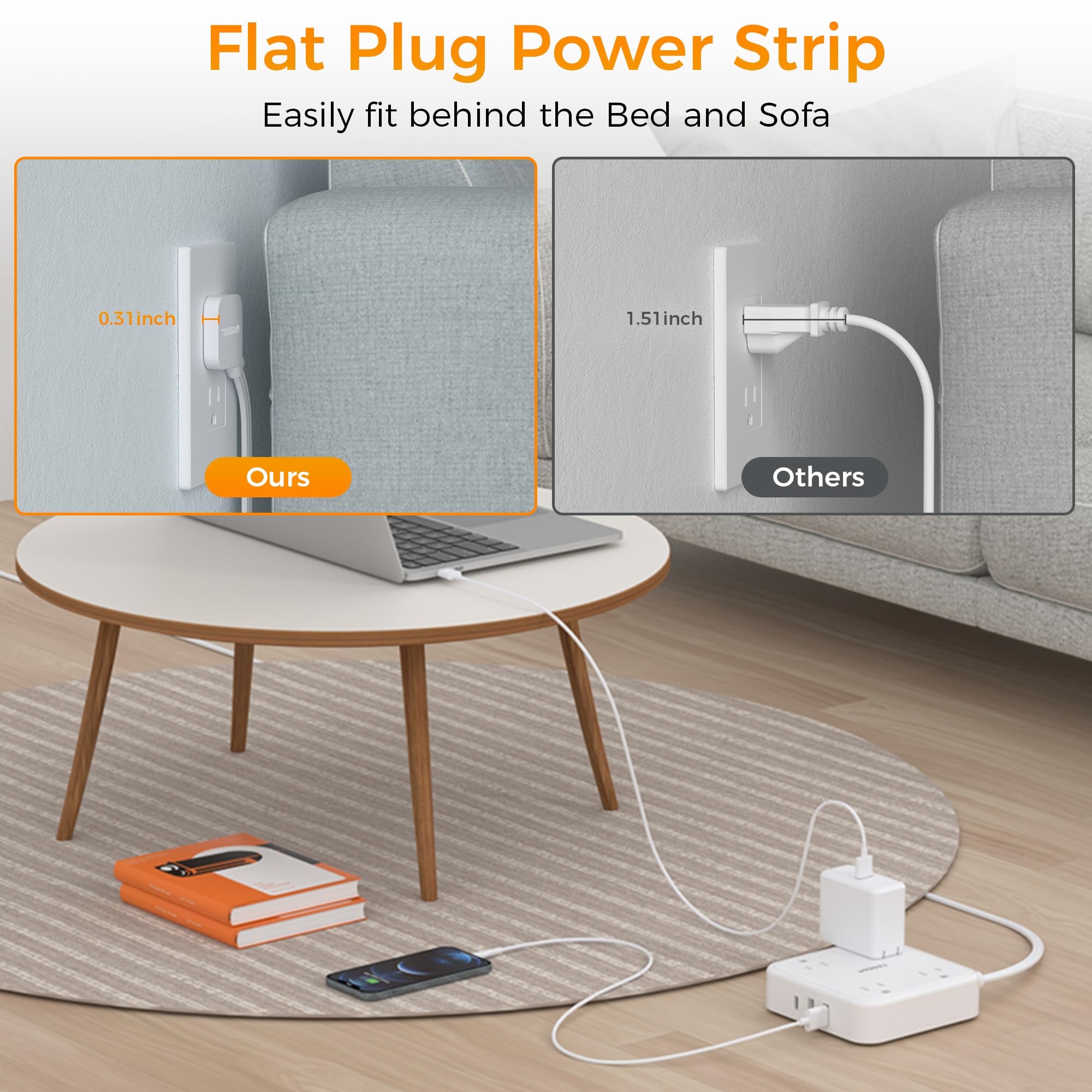 Flat Plug Extension Cord Indoor 5 Feet, Power Bars with Surge Protector - craques