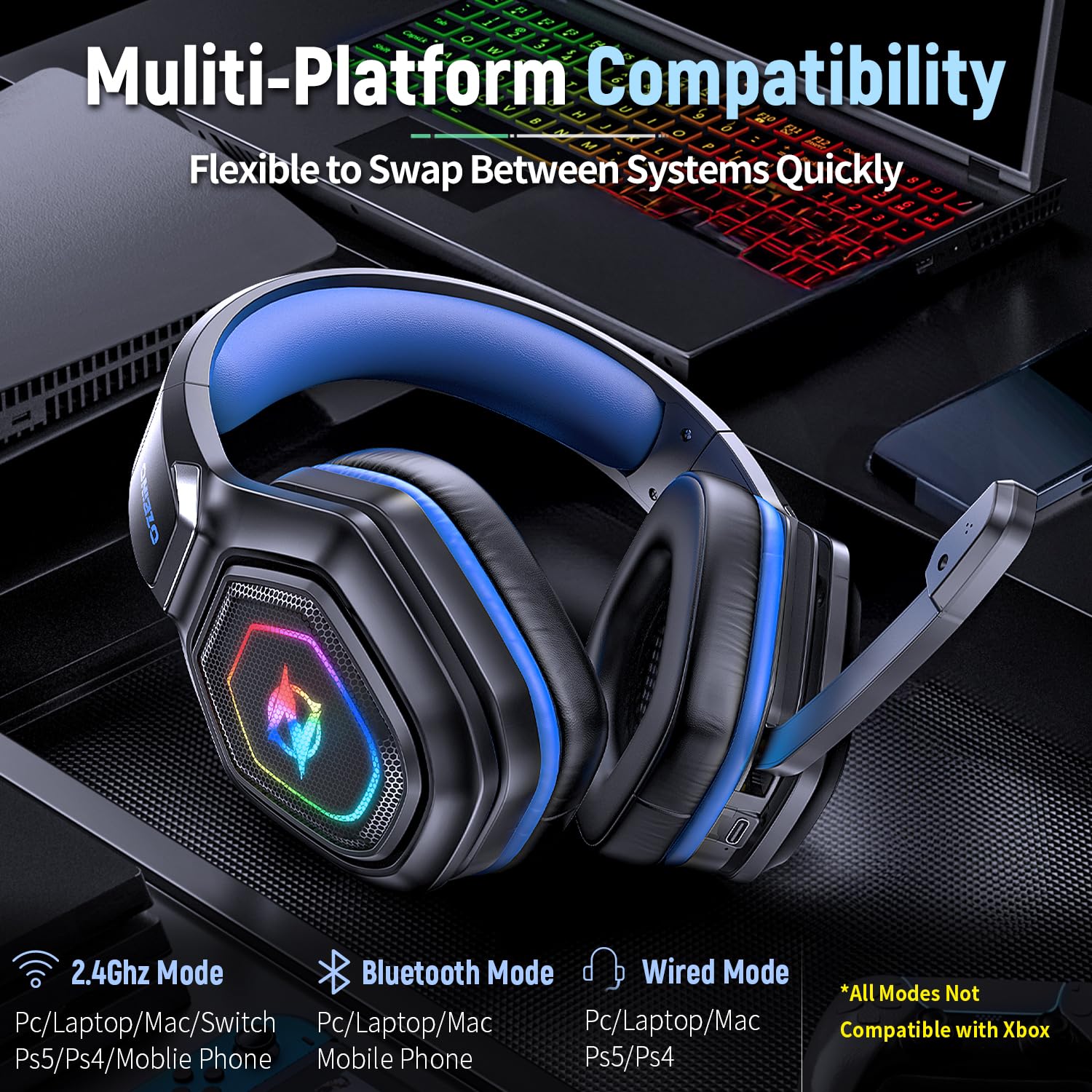 Craques Wireless Gaming Headset for PC with RGB Lighting