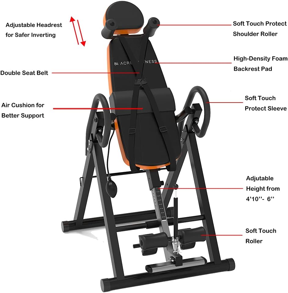 Craques heavy duty inversion table with adjustable headrest, high-density foam backrest, and soft touch rollers