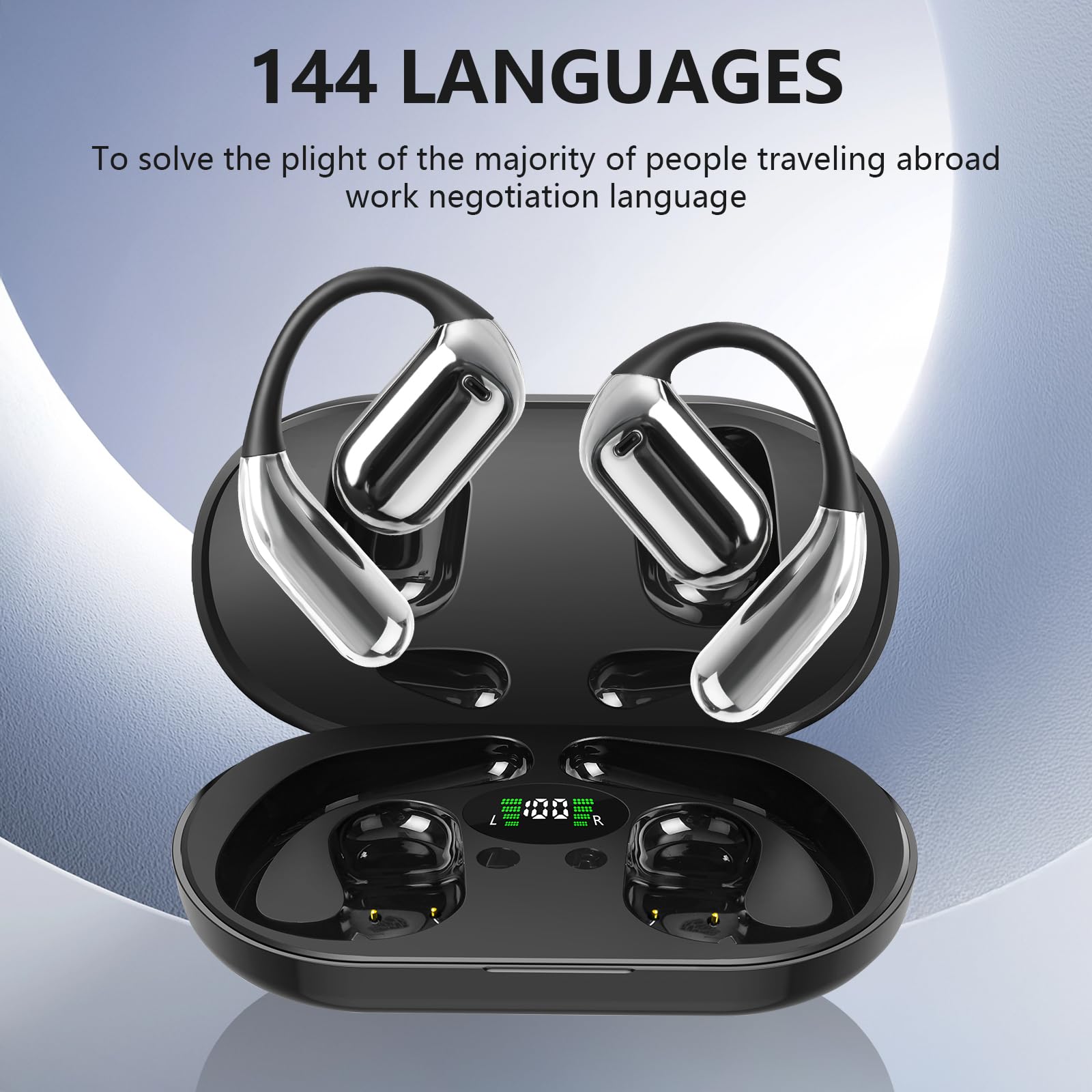 Craques AI translation earbuds with sleek black charging case supporting 144 languages for travelers