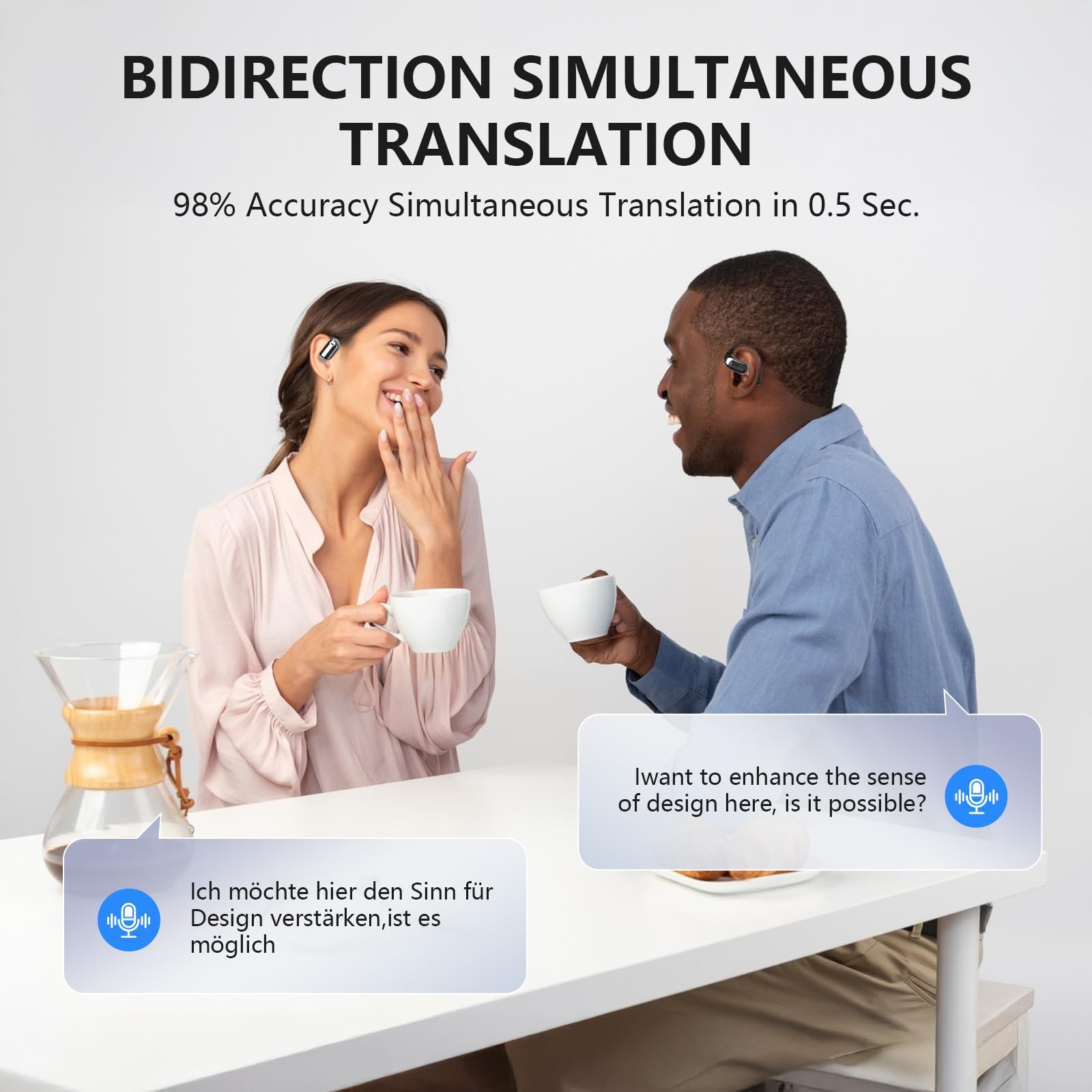Two people using AI translation earbuds for bidirectional simultaneous translation with 98 percent accuracy