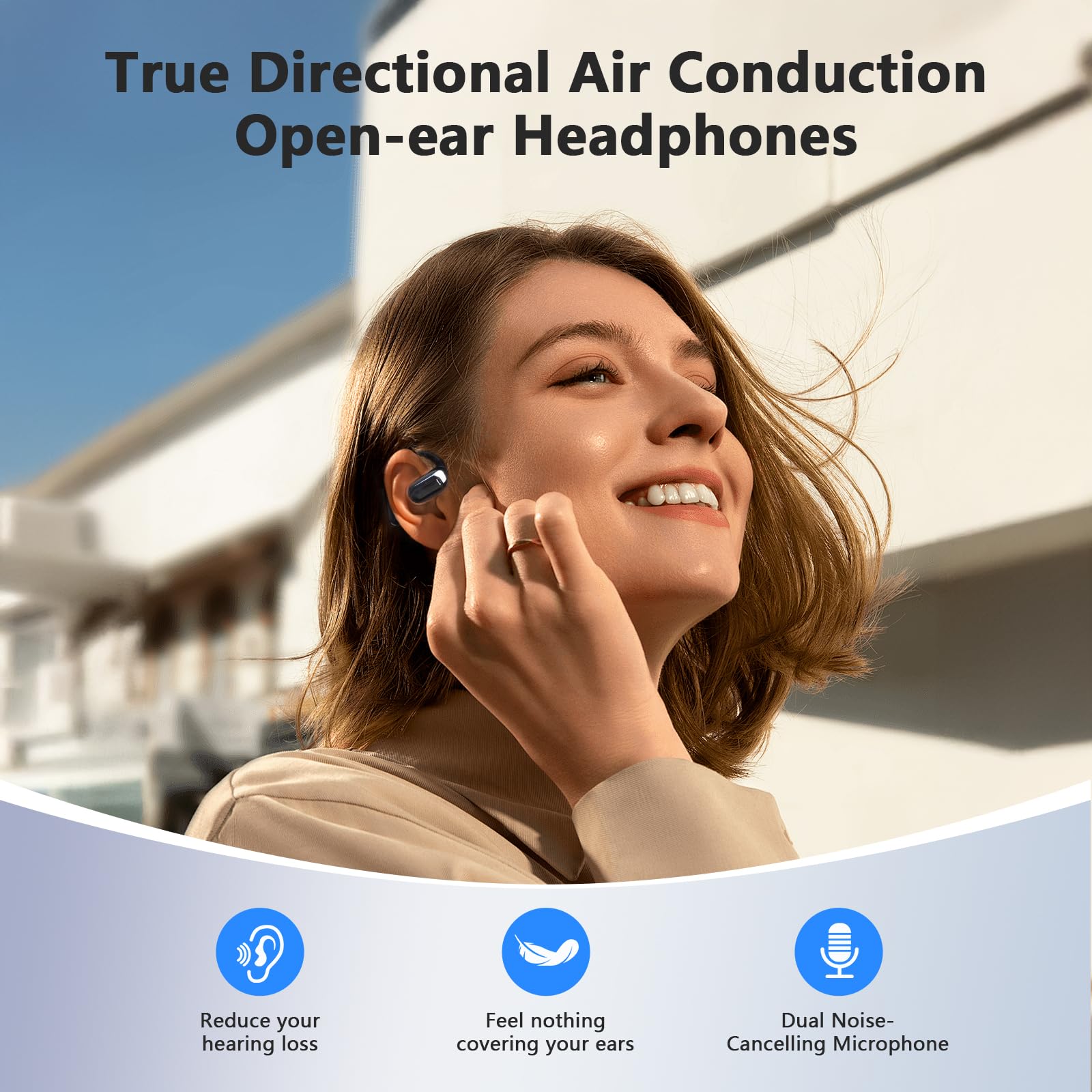 Woman wearing craques AI translation earbuds open-ear headphones with noise-cancelling microphone outdoors