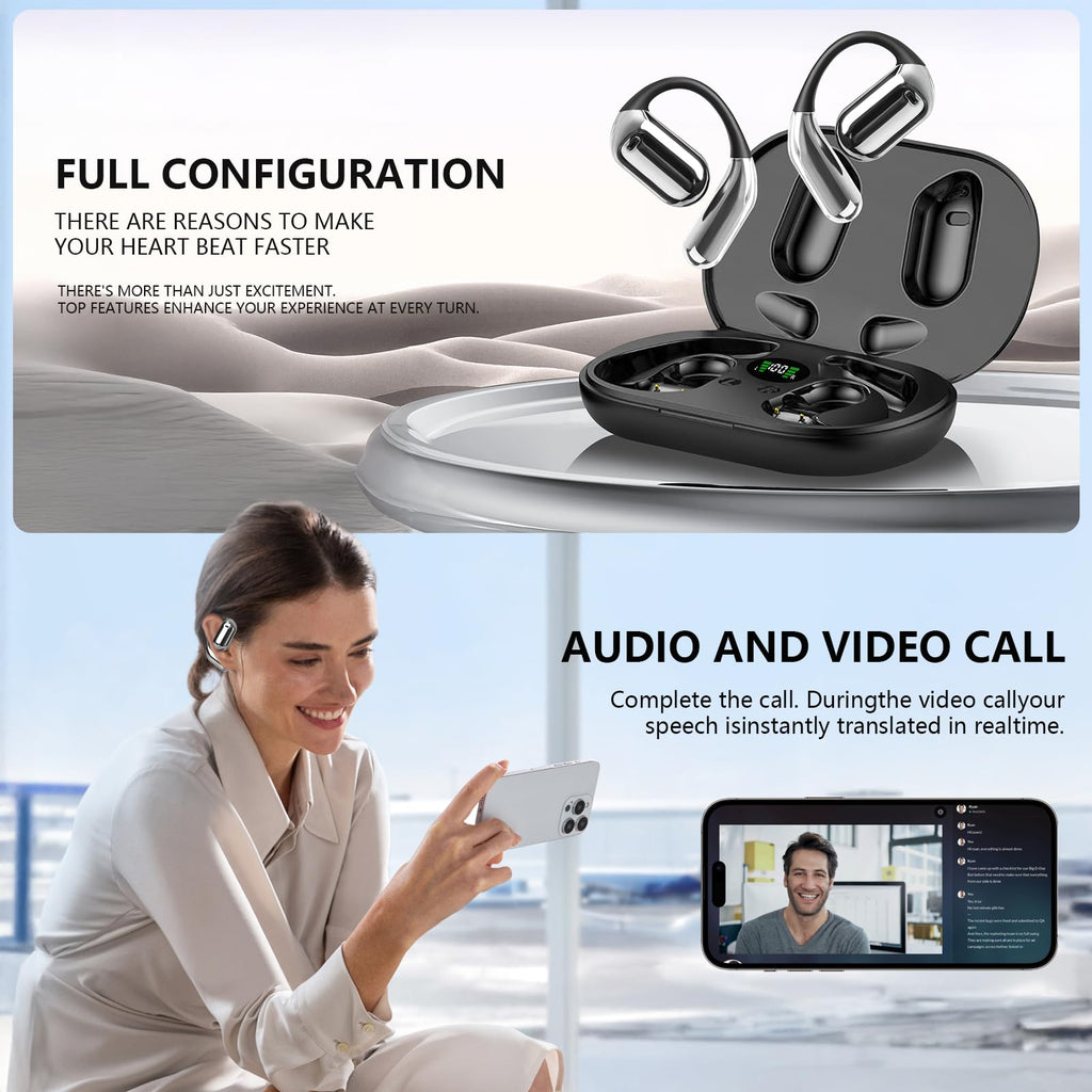 craques AI translation earbuds in black charging case with a woman using earbuds for video call translation
