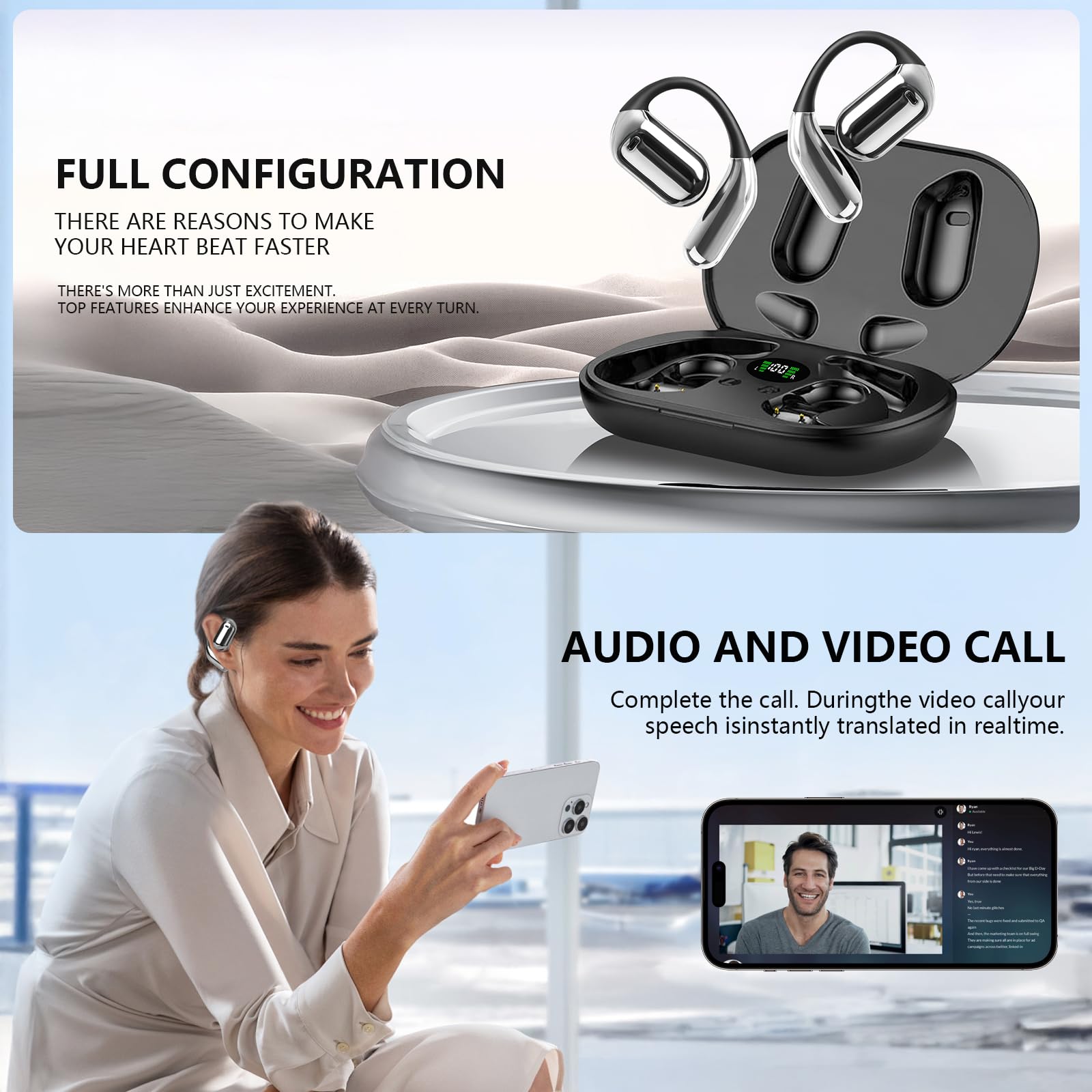 craques AI translation earbuds in black charging case with a woman using earbuds for video call translation